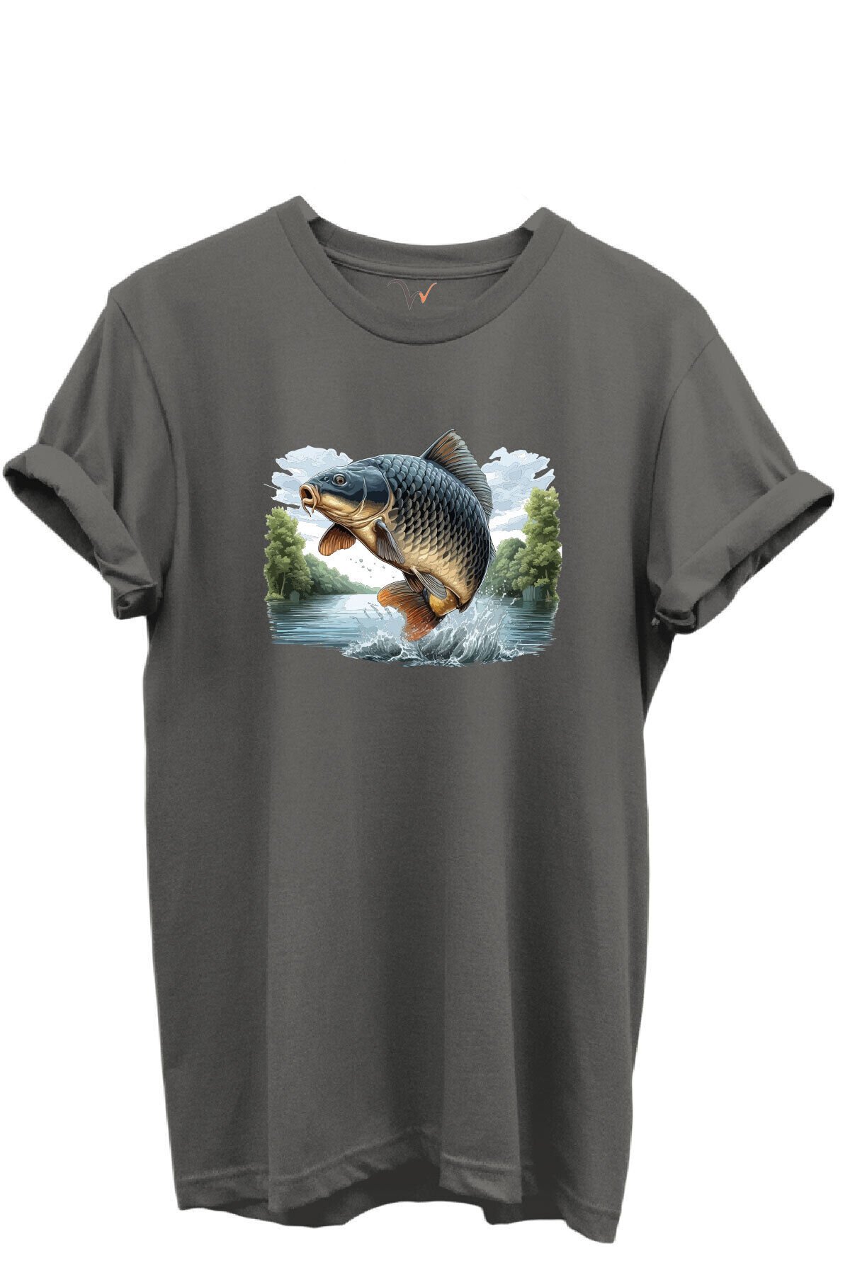 Sıçrayan Sazan Balığı Desenli %100 Pamuk Regular Fit Unisex T-Shirt Gri - L