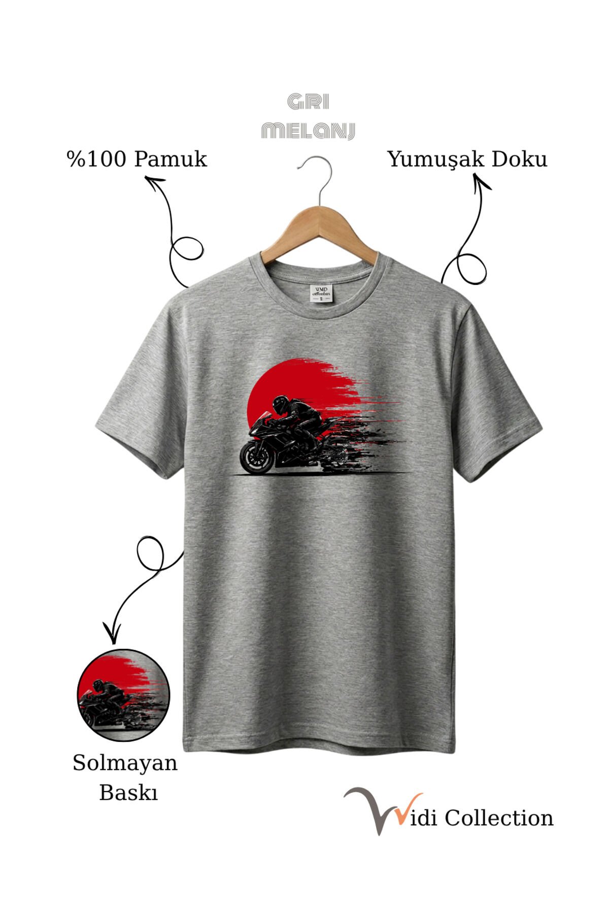 Hız Temalı Racing Motor Baskılı %100 Pamuk Unisex Regular Fit T-Shirt Gri Melanj - XL