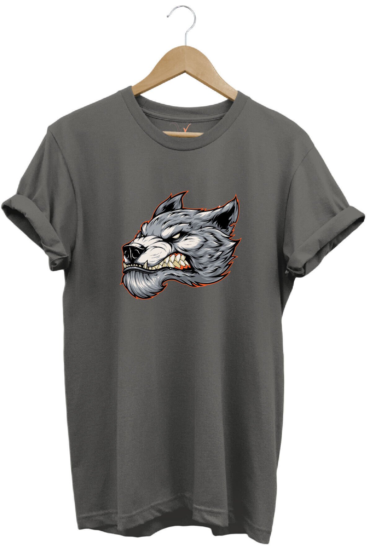 Kızgın Agresif Kurt Tasarım Baskılı %100 Pamuk Regular Fit Bisiklet Yaka Premium Gri T-shirt Gri - S