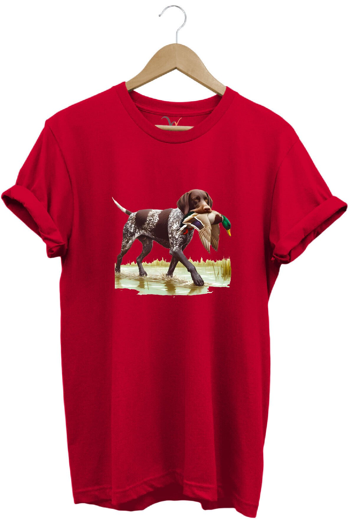 Hunting Avcılık Ördek Avı Baskılı Sazlıkta Avlanan Köpek %100 Pamuk Regular Fit T-shirt Kırmızı - 3XL