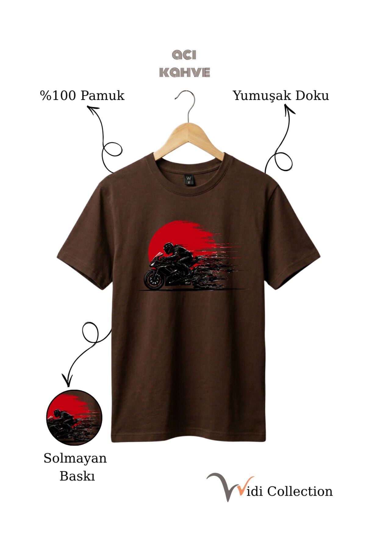 Hız Temalı Racing Motor Baskılı %100 Pamuk Unisex Regular Fit T-Shirt Koyu Kahverengi - M
