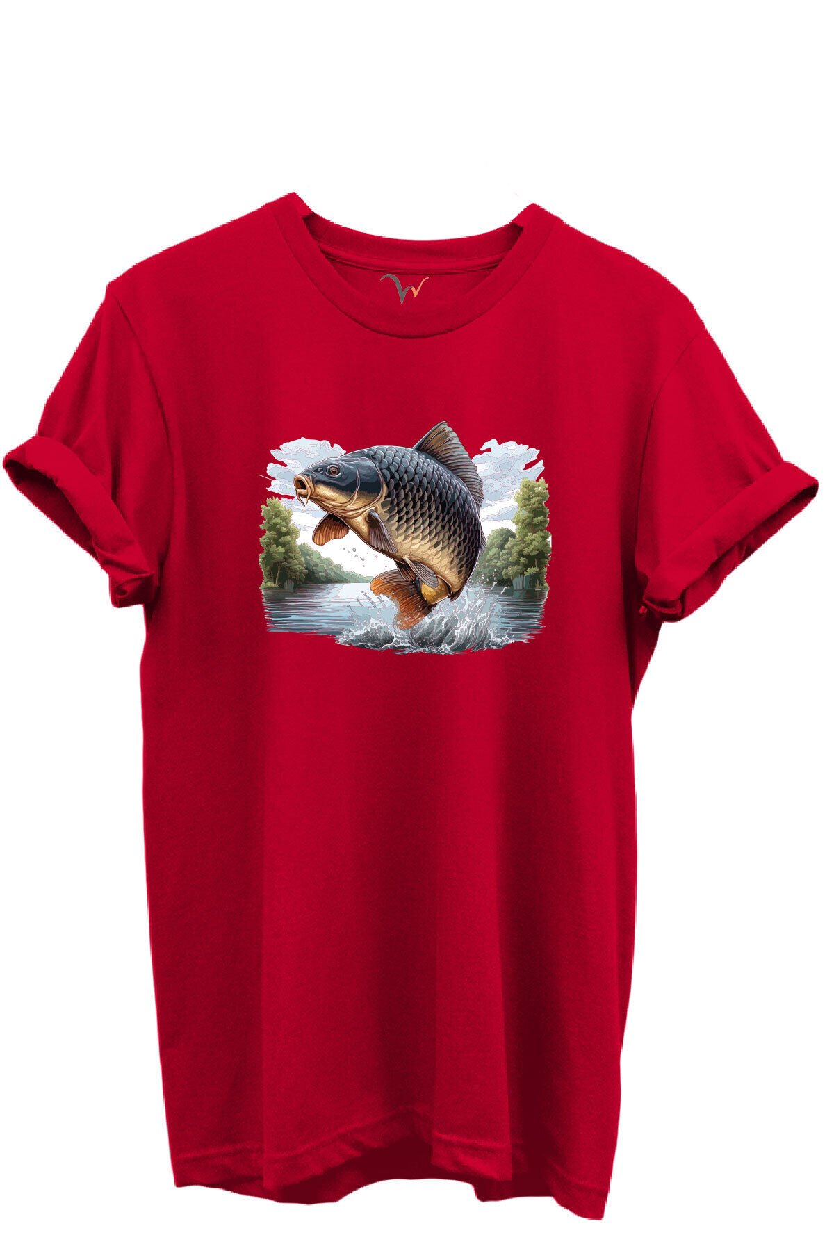 Sıçrayan Sazan Balığı Desenli %100 Pamuk Regular Fit Unisex T-Shirt Kırmızı - 3XL