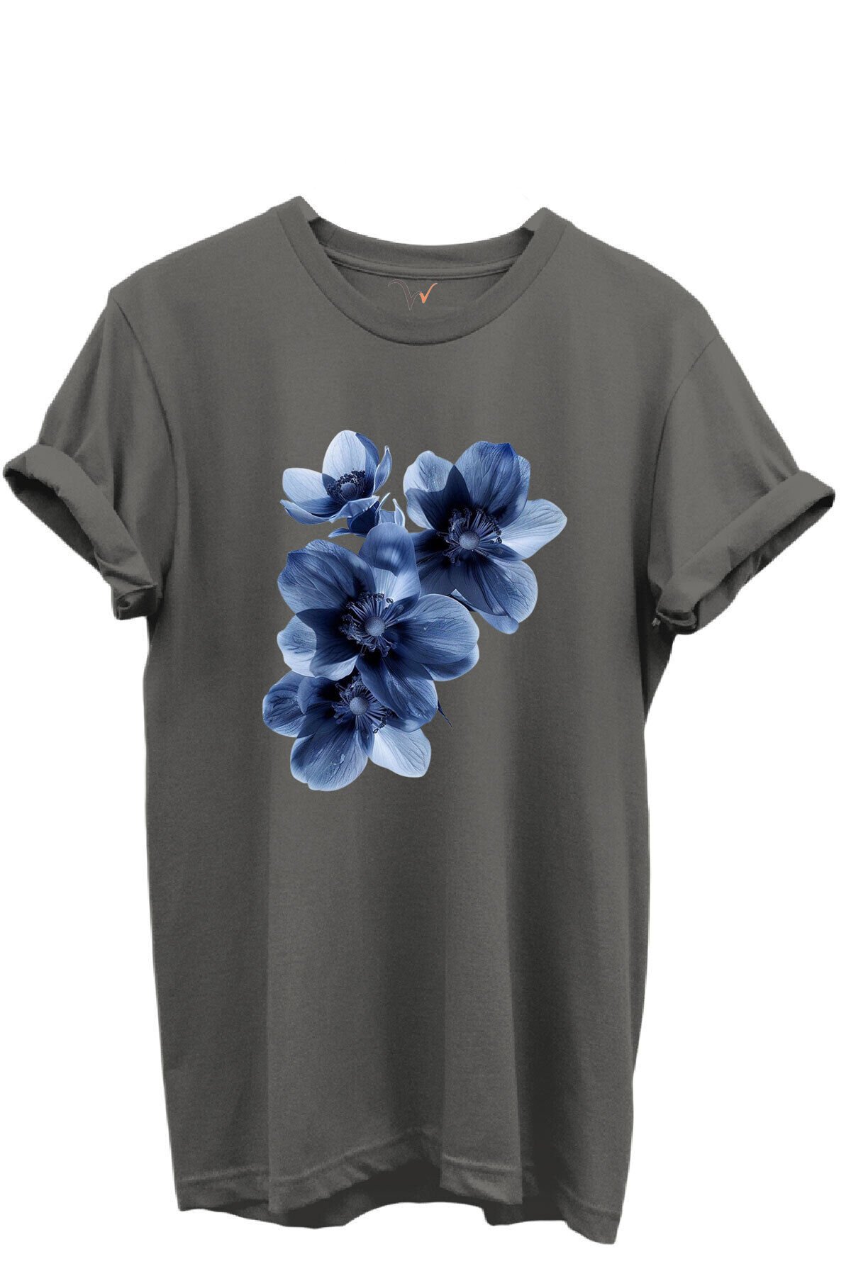 Mavi Çiçek Desenli Kadın %100 Pamuk Regular Fit Bisiklet Yaka T-Shirt Gri - M