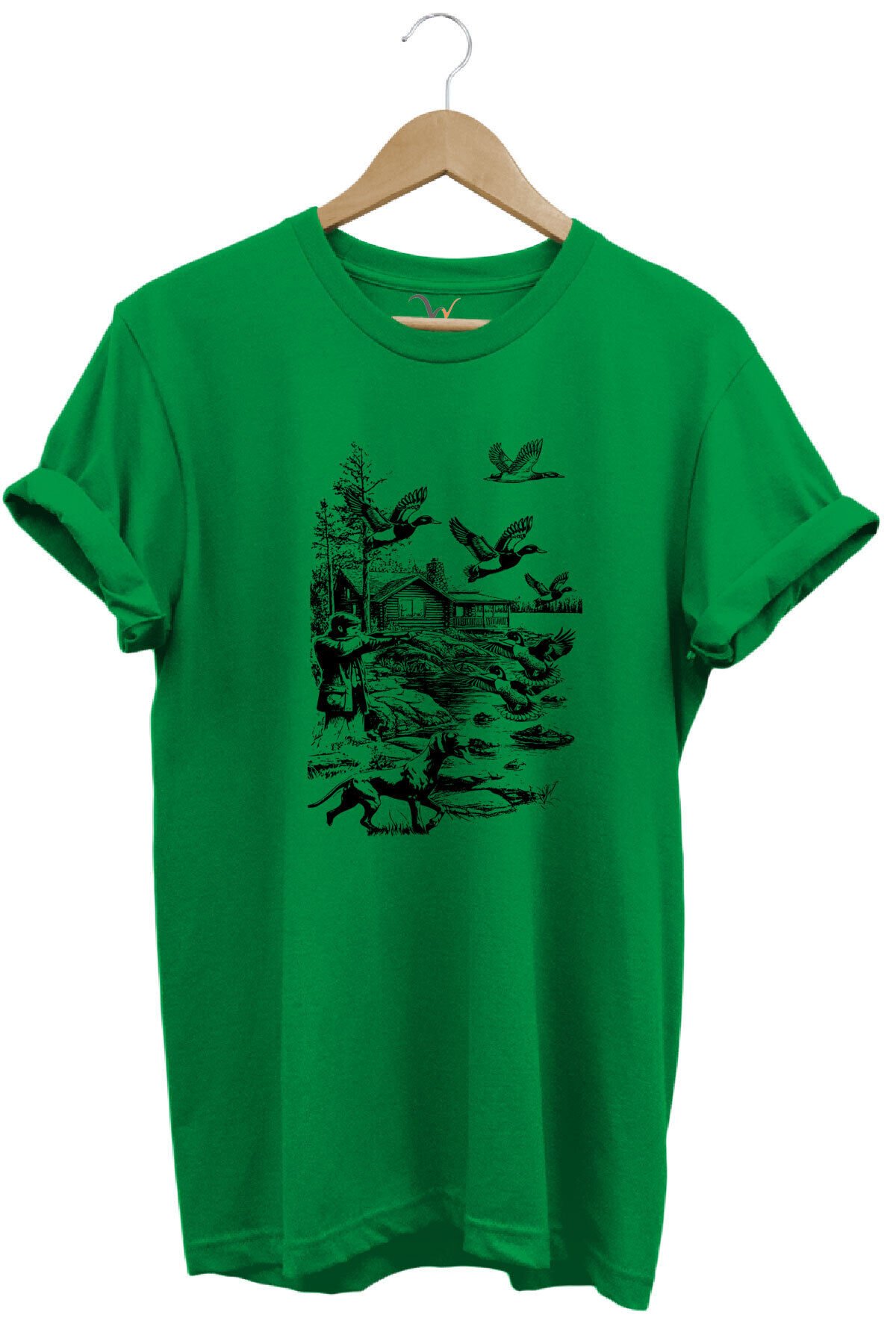 Avcılık Hunting Avcı Köpeği Avcı ve Ördekler Baskılı %100 Pamuk Unisex Regular Fit T-Shirt Yeşil - 2XL