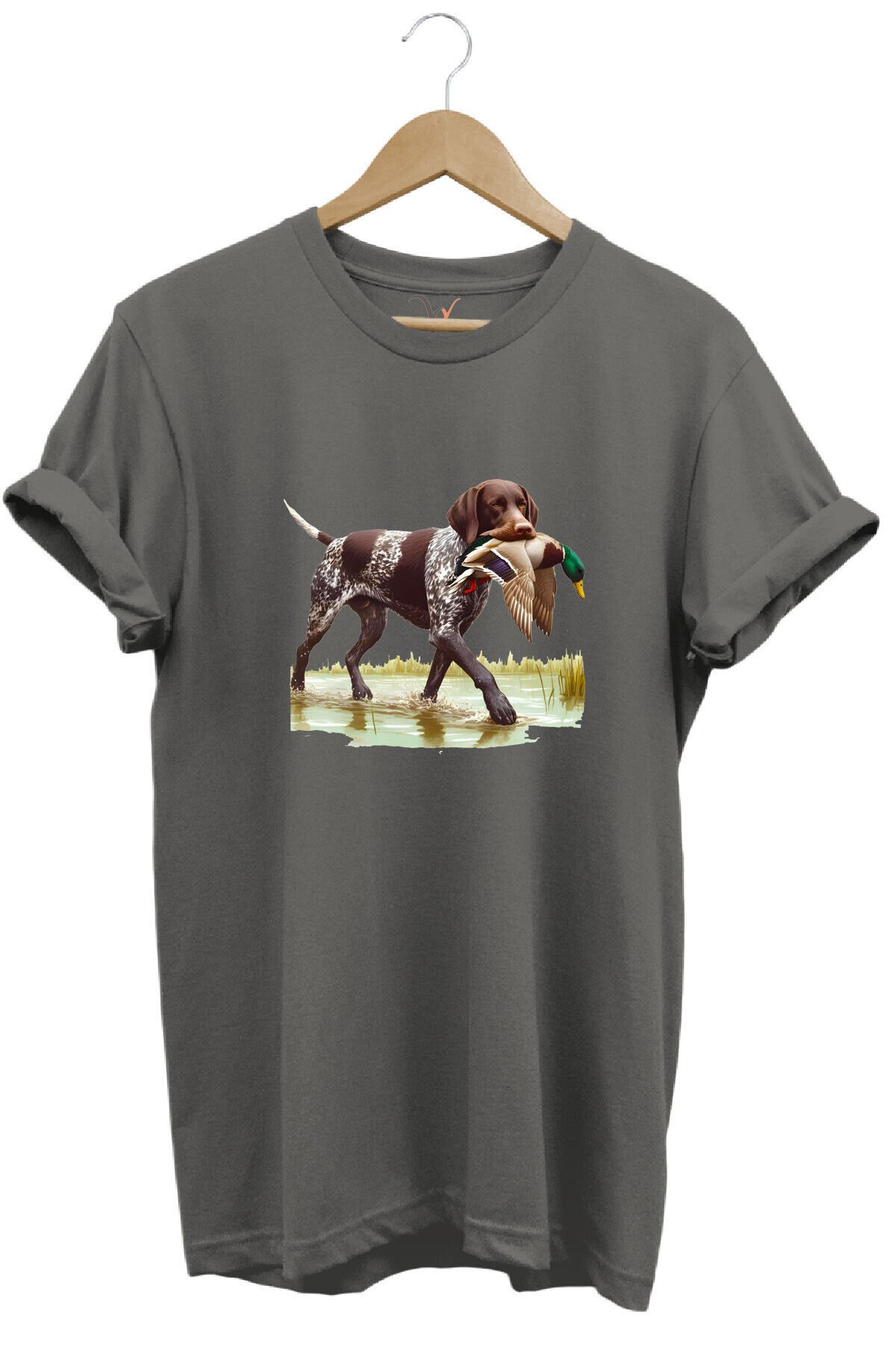 Hunting Avcılık Ördek Avı Baskılı Sazlıkta Avlanan Köpek %100 Pamuk Regular Fit T-shirt Gri - 3XL