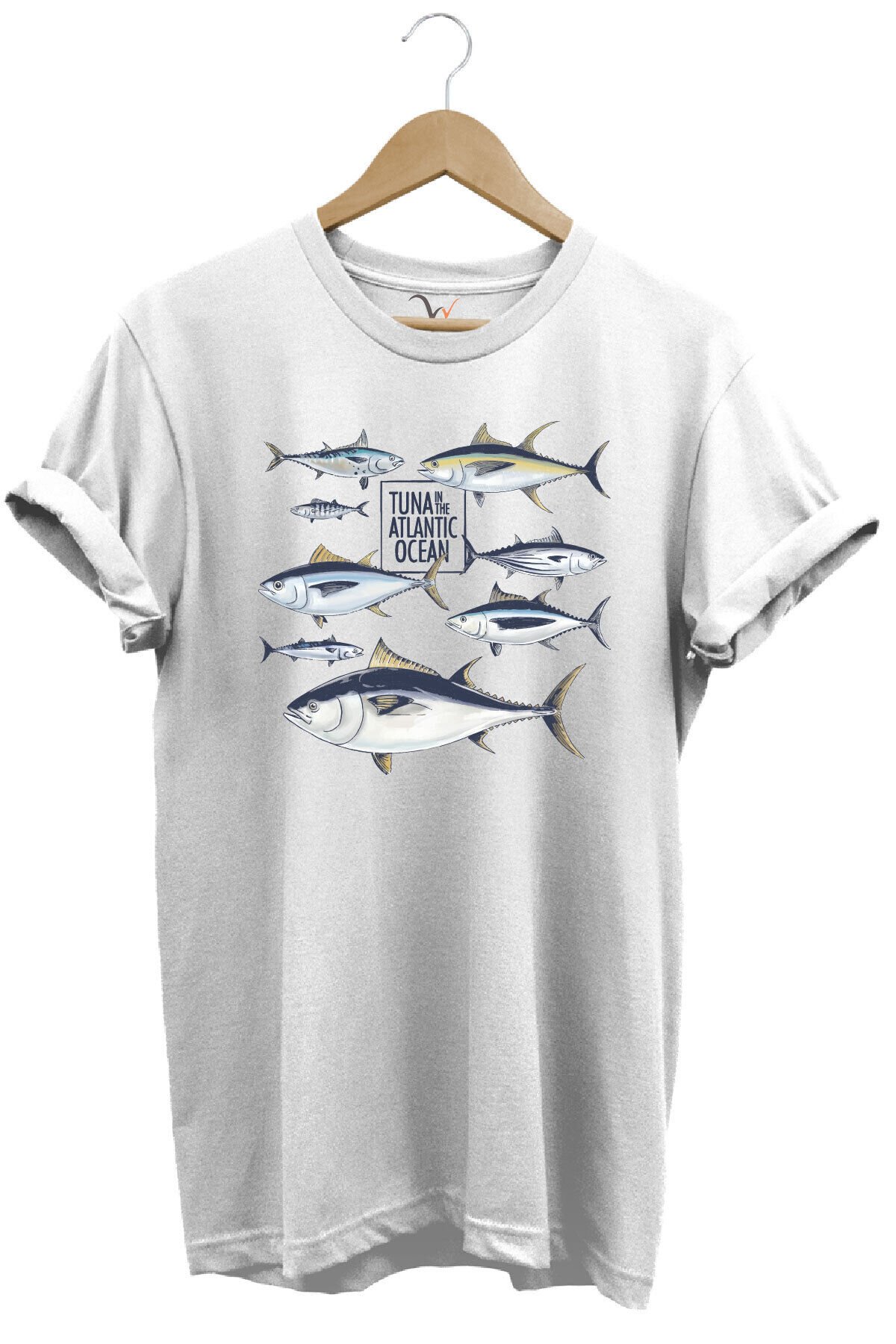Fishing Balıkçılık Uzunkanat Orkinos Tuna Balığı Baskılı %100 Pamuk Regular Fit Mavi T-shirt Beyaz - 2XL
