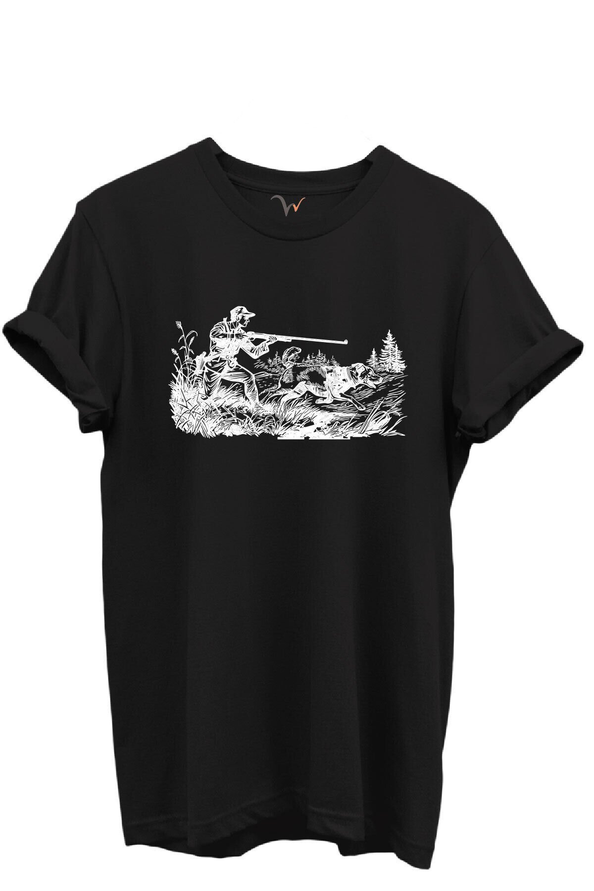 Outdoor Avcılık Avcı ve Av Köpekleri Desenli %100 Pamuk Regular Fit Bisiklet Yaka Unisex T-shirt Siyah - 4XL