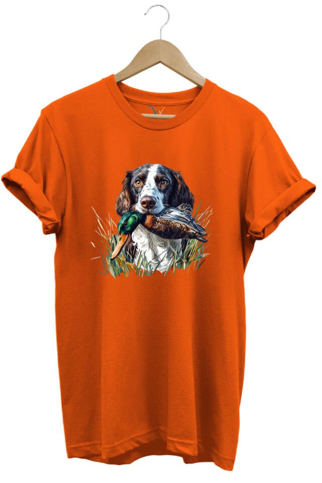 Avcılık Av Köpeği Ve Ördek Baskılı %100 Pamuk Regular Fit Bisiklet Yaka Premium Yeşil T-shirt Turuncu - 2XL