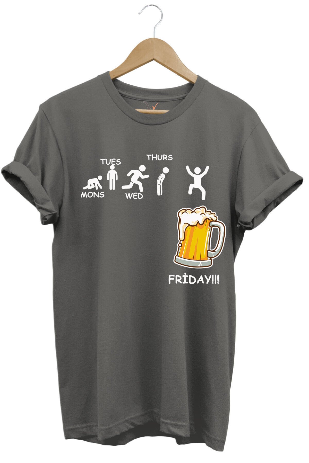 Haftanın Günleri Bira Baskılı Friday Beer %100 Pamuk Regular Fit Bisiklet Yaka T-shirt Gri - 2XL