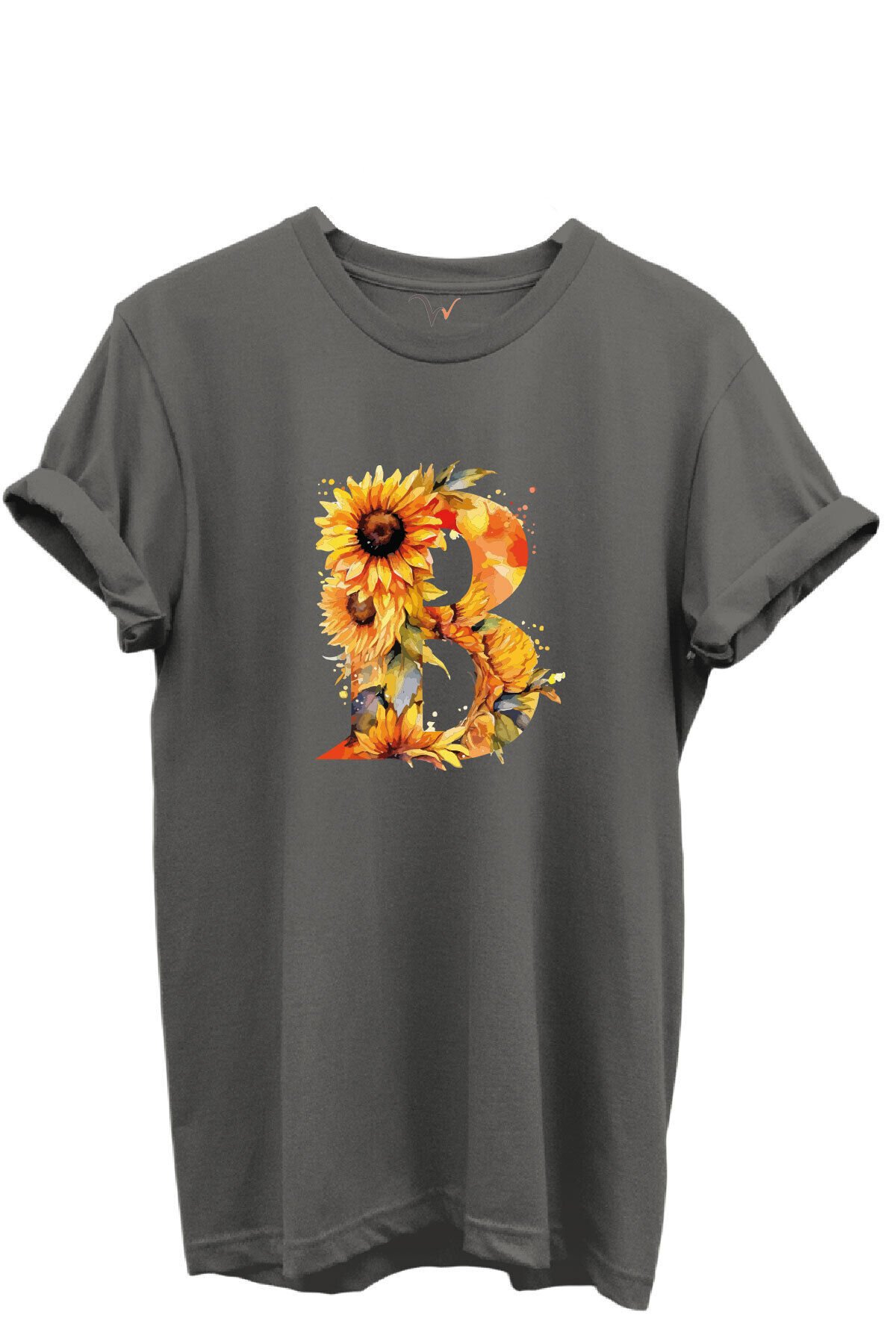 Ayçiçek Desenli “B'' Harfi Baskılı %100 Pamuk Regular Fit Unisex T-Shirt Gri - 2XL