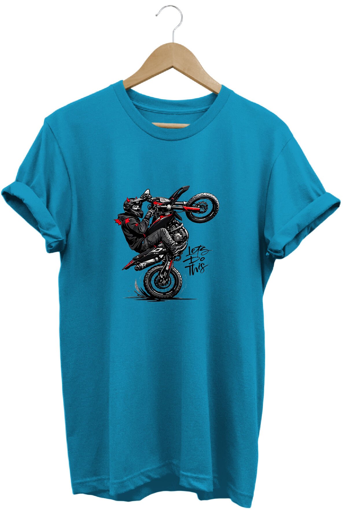 Unisex Motosiklet Tek Teker Baskılı Oversize Bisiklet Yaka Tişört T-shirt Turkuaz - L