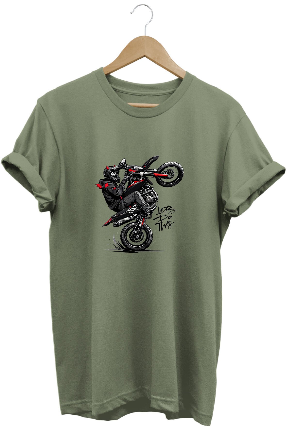 Unisex Motosiklet Tek Teker Baskılı Oversize Bisiklet Yaka Tişört T-shirt Haki - L