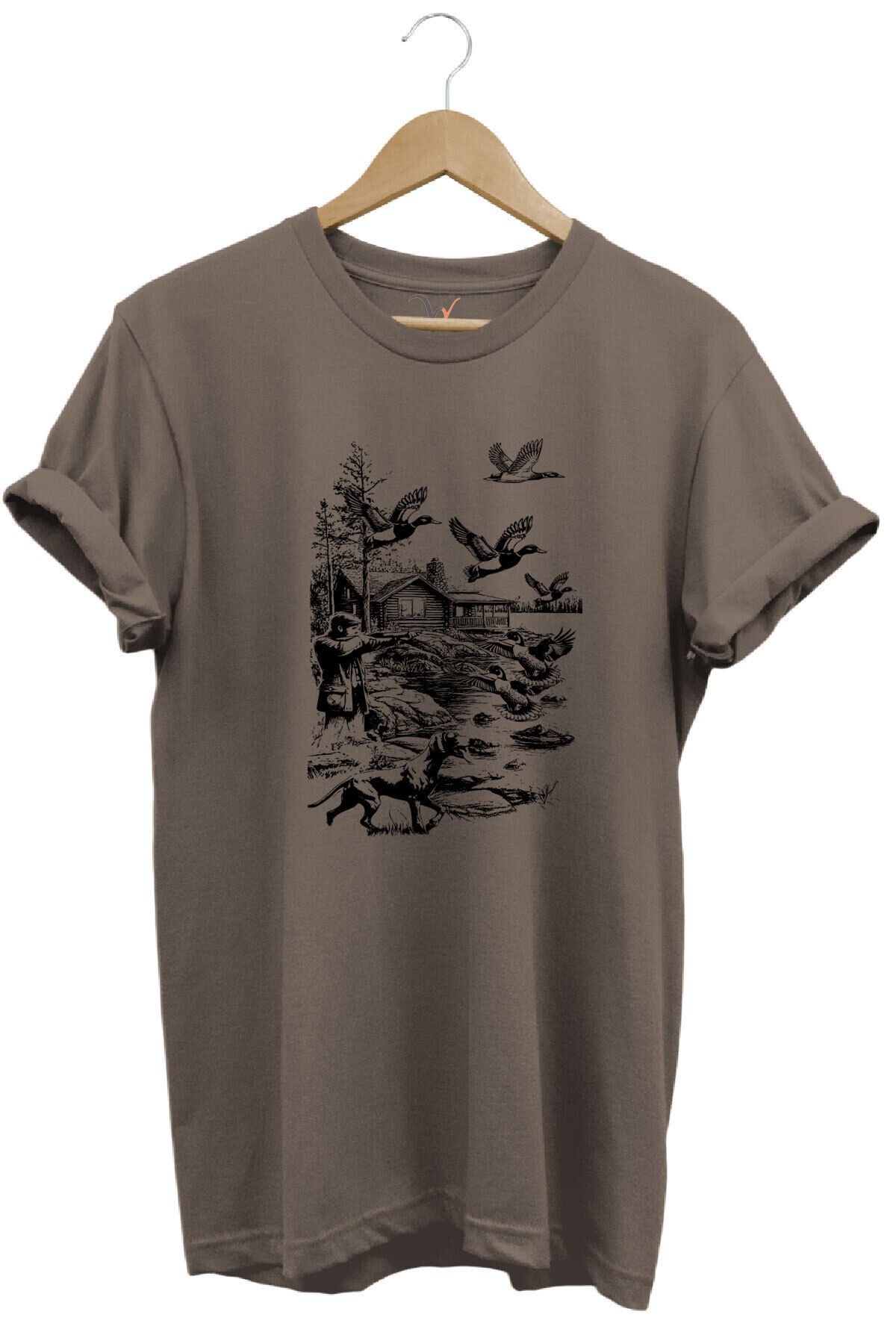 Avcılık Hunting Avcı Köpeği Avcı ve Ördekler Baskılı %100 Pamuk Unisex Regular Fit T-Shirt Kahverengi - 3XL