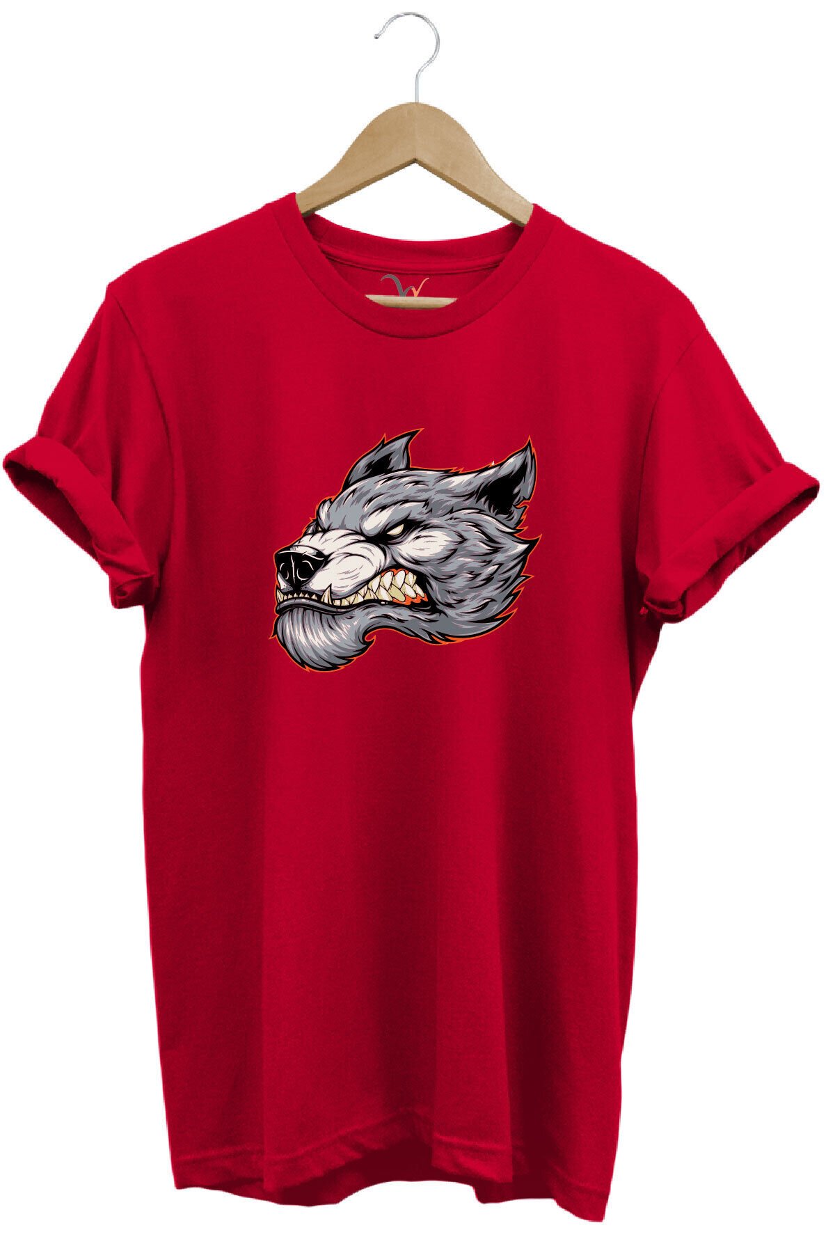 Kızgın Agresif Kurt Tasarım Baskılı %100 Pamuk Regular Fit Bisiklet Yaka Premium Gri T-shirt Kırmızı - 3XL