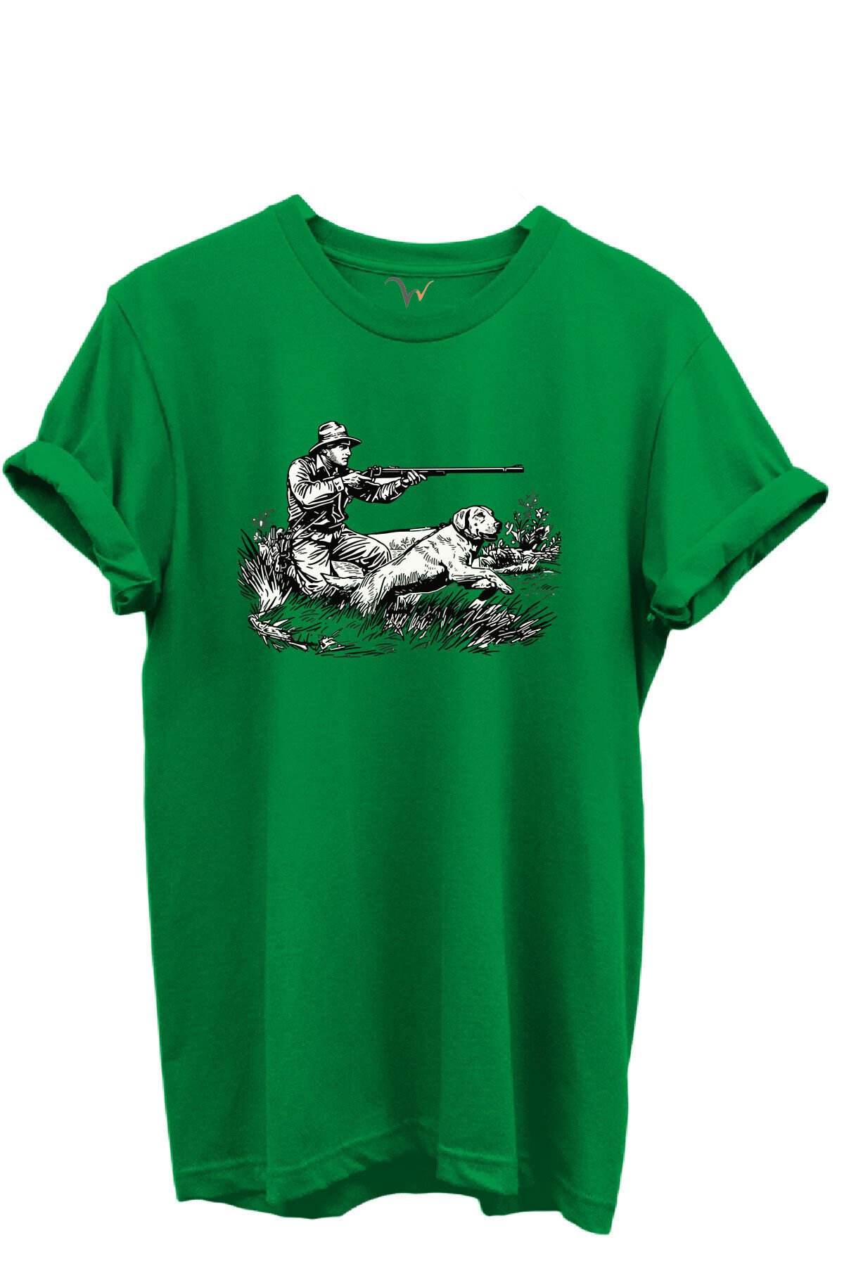 Outdoor Avcılık Avcı ve Köpek Desenli %100 Pamuk Regular Fit Bisiklet Yaka Unisex T-shirt Yeşil - 3XL