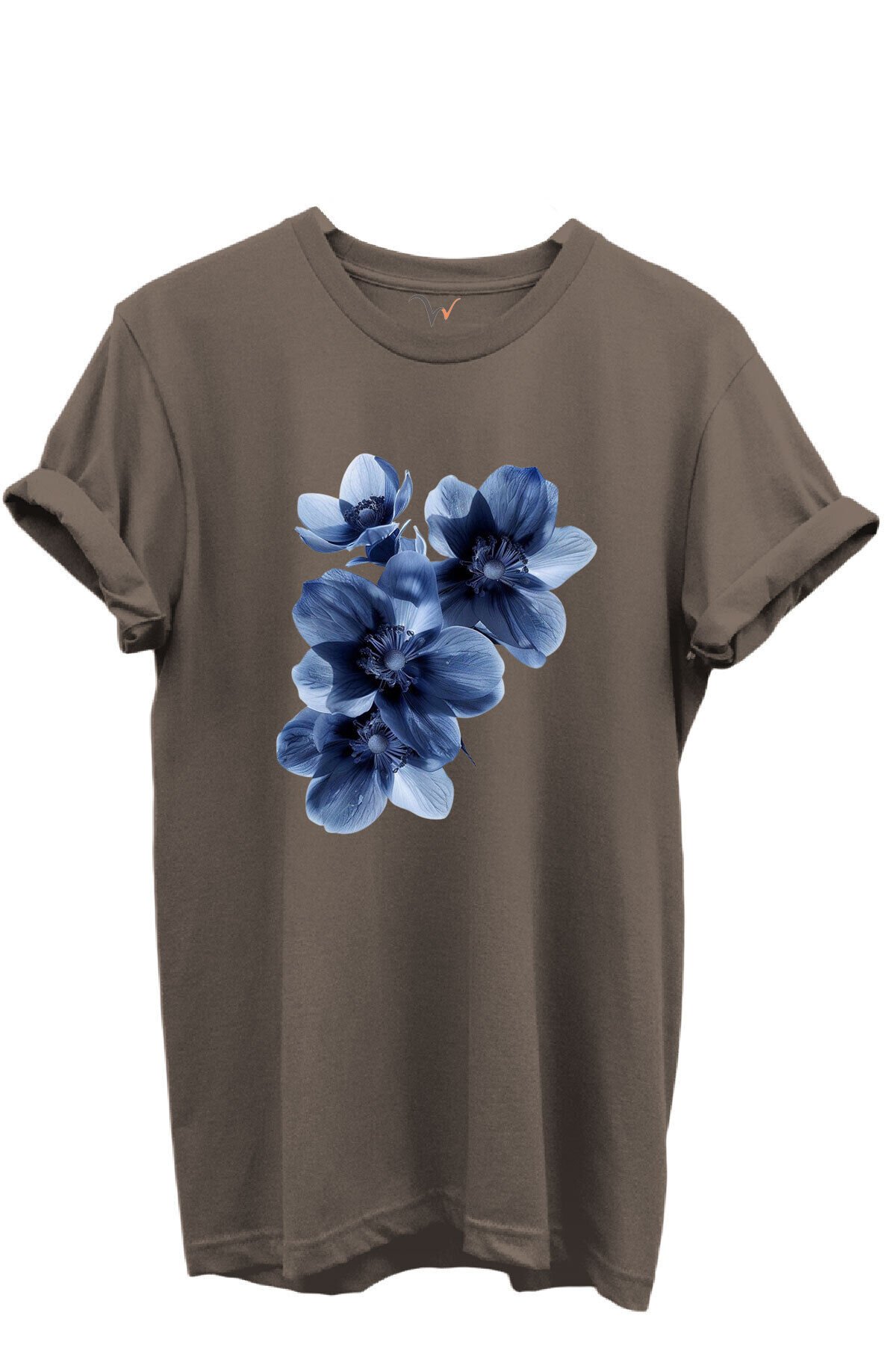 Mavi Çiçek Desenli Kadın %100 Pamuk Regular Fit Bisiklet Yaka T-Shirt Kahverengi - XL