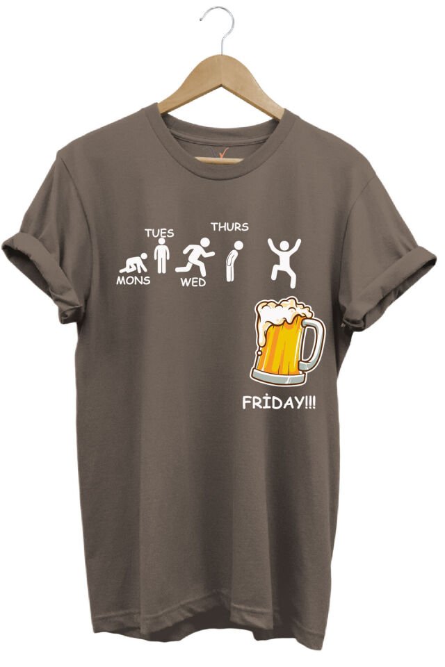 Haftanın Günleri Bira Baskılı Friday Beer %100 Pamuk Regular Fit Bisiklet Yaka T-shirt Kahverengi - M