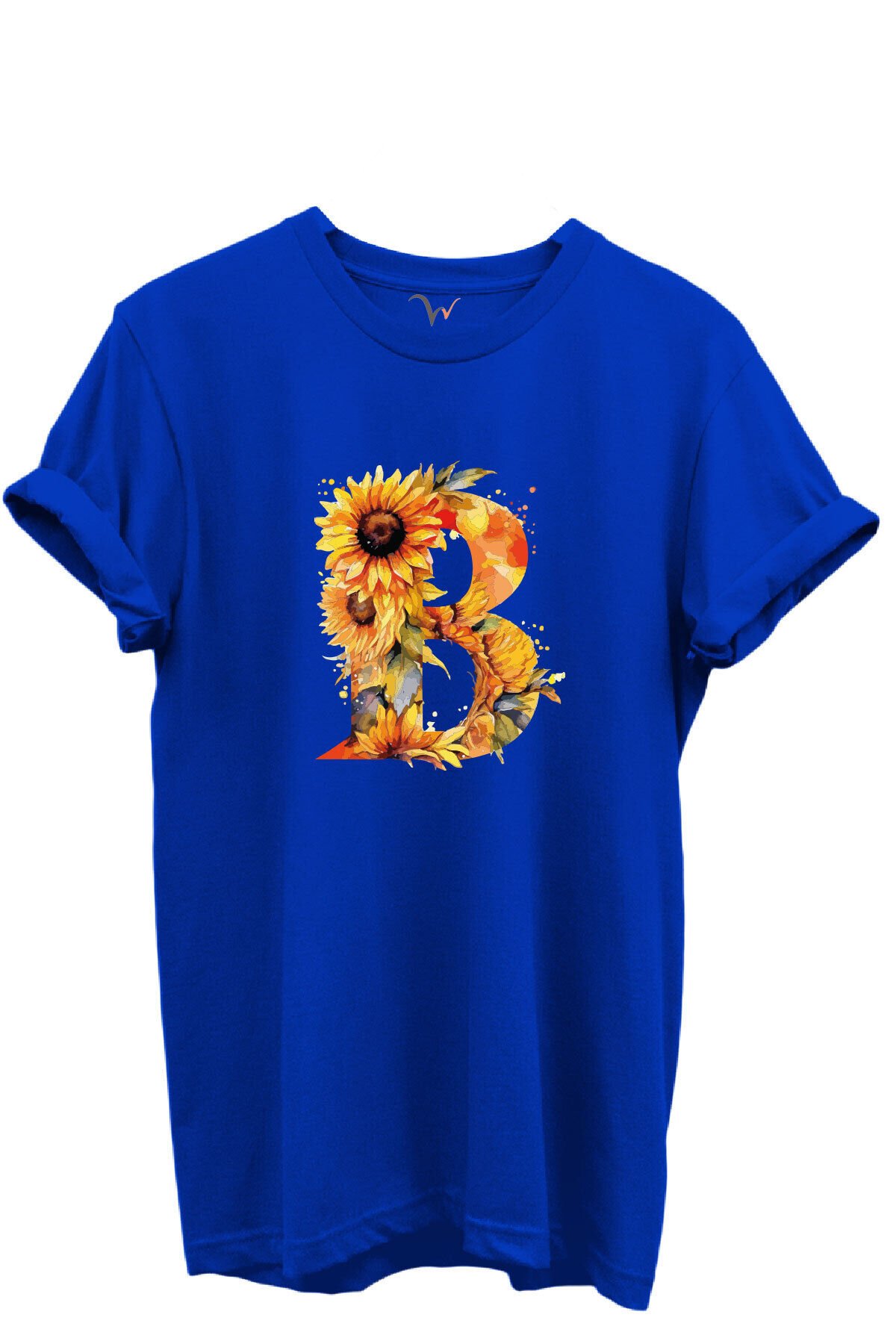Ayçiçek Desenli “B'' Harfi Baskılı %100 Pamuk Regular Fit Unisex T-Shirt Mavi - 2XL