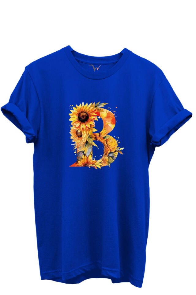 Ayçiçek Desenli “B'' Harfi Baskılı %100 Pamuk Regular Fit Unisex T-Shirt Mavi - 2XL