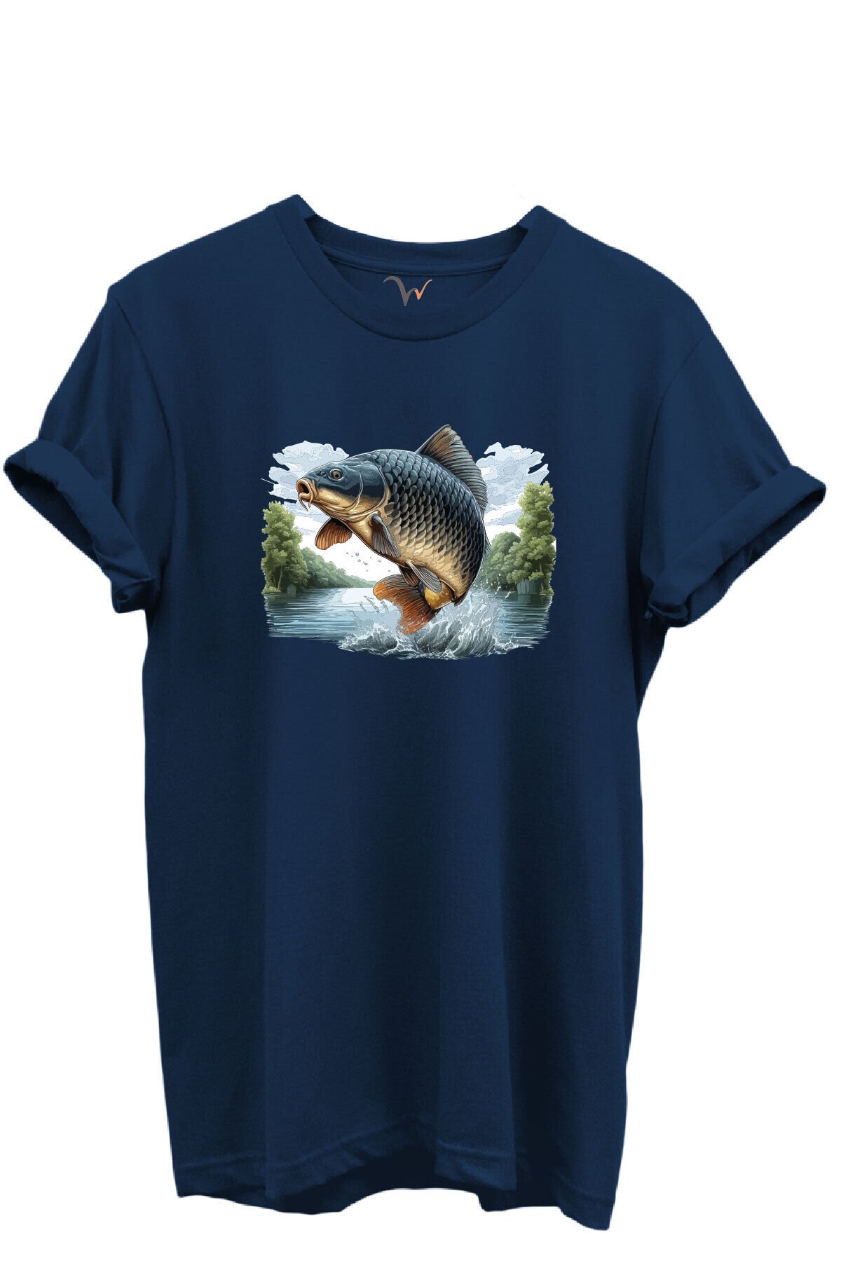 Sıçrayan Sazan Balığı Desenli %100 Pamuk Regular Fit Unisex T-Shirt Lacivert - L