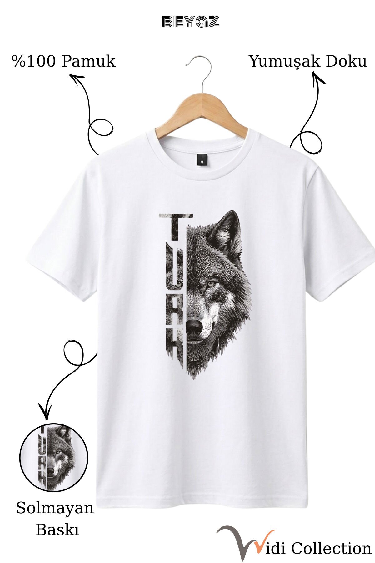 Yarı Kurt Yarısı TÜRK Yazı Tasarım Baskılı %100 Pamuk T-shirt Beyaz - XL