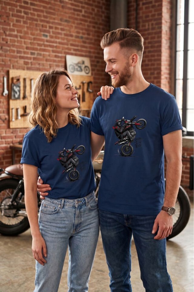 Unisex Motosiklet Tek Teker Baskılı Oversize Bisiklet Yaka Tişört T-shirt Haki - M