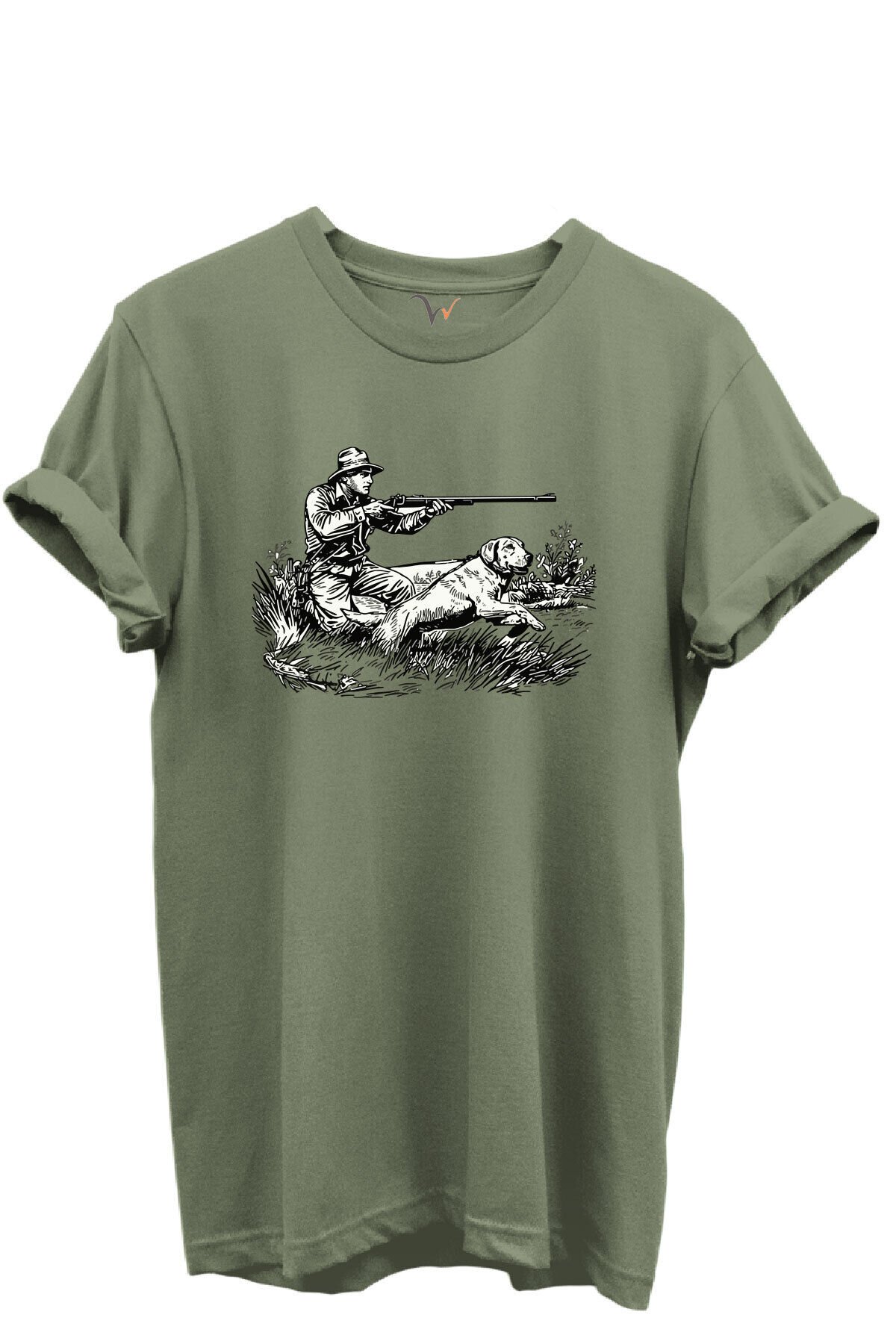 Outdoor Avcılık Avcı ve Köpek Desenli %100 Pamuk Regular Fit Bisiklet Yaka Unisex T-shirt Haki - S