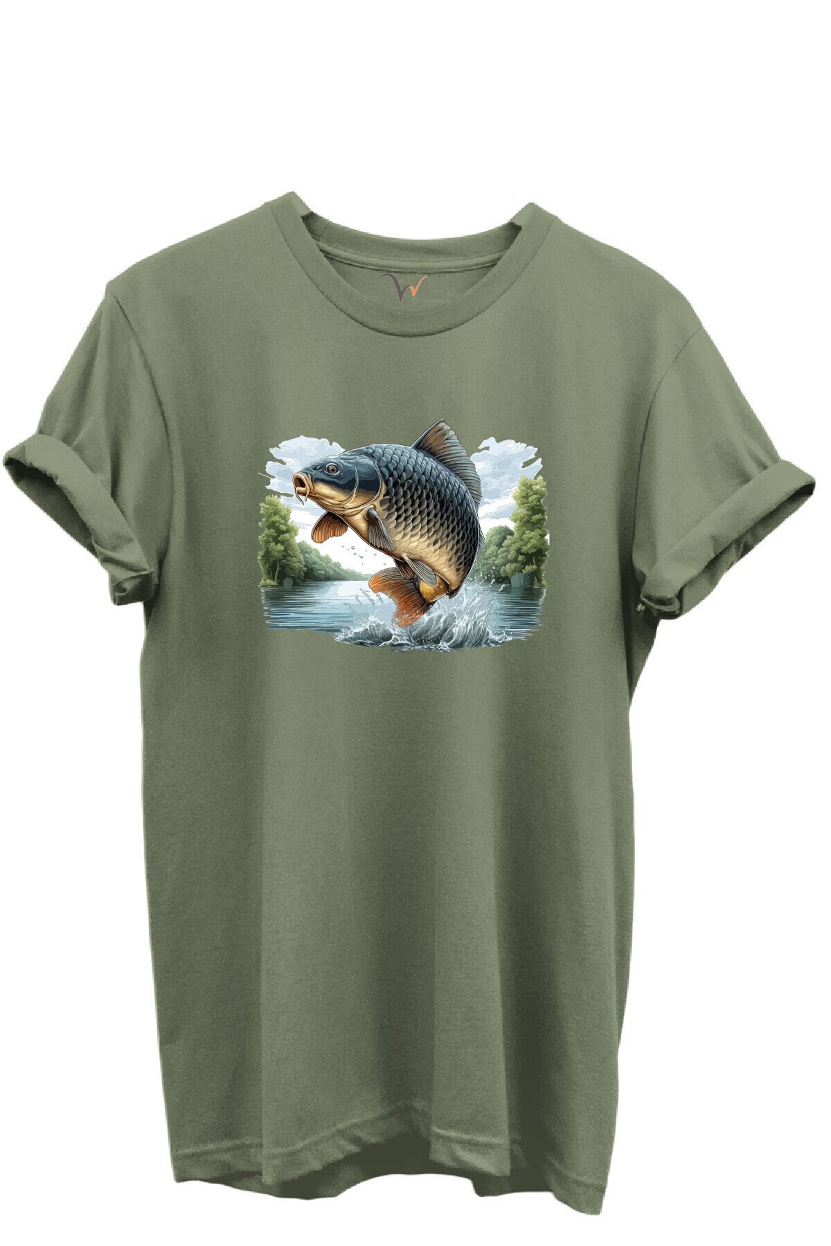Sıçrayan Sazan Balığı Desenli %100 Pamuk Regular Fit Unisex T-Shirt Haki - XL