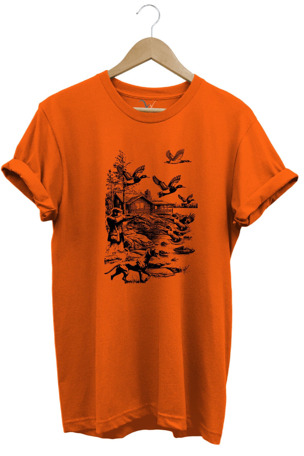 Avcılık Hunting Avcı Köpeği Avcı ve Ördekler Baskılı %100 Pamuk Unisex Regular Fit T-Shirt Turuncu - S