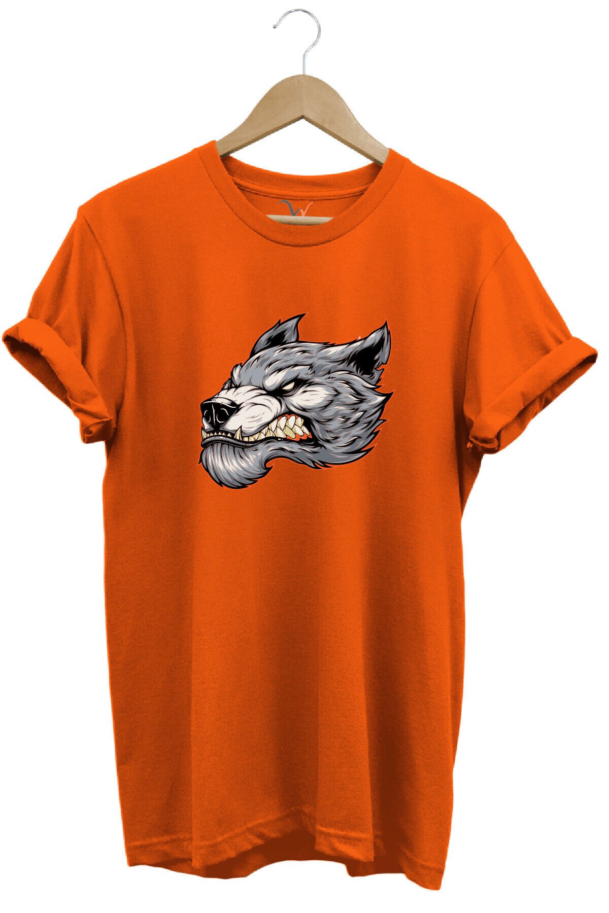 Kızgın Agresif Kurt Tasarım Baskılı %100 Pamuk Regular Fit Bisiklet Yaka Premium Gri T-shirt Turuncu - XL
