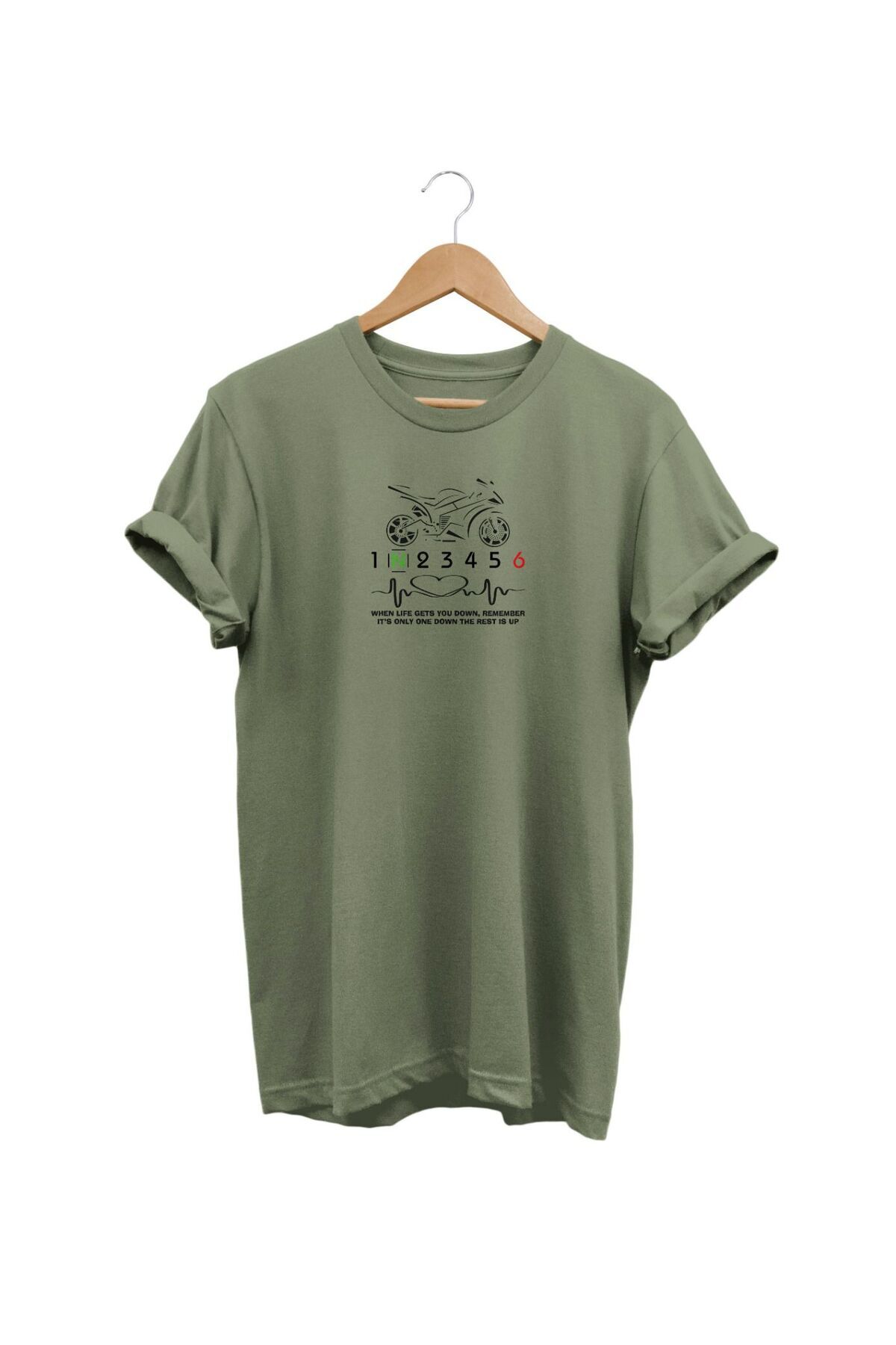 Heart Beat Love Racing Motor Baskılı Haki T-shirt