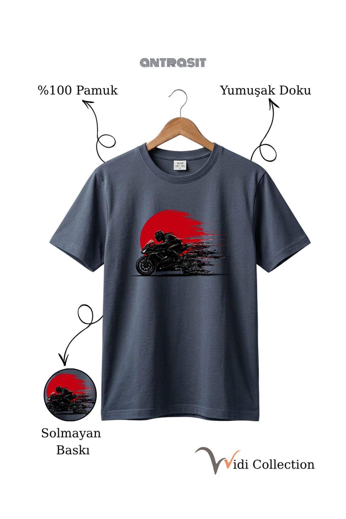 Hız Temalı Racing Motor Baskılı %100 Pamuk Unisex Regular Fit T-Shirt Antrasit Gri - L