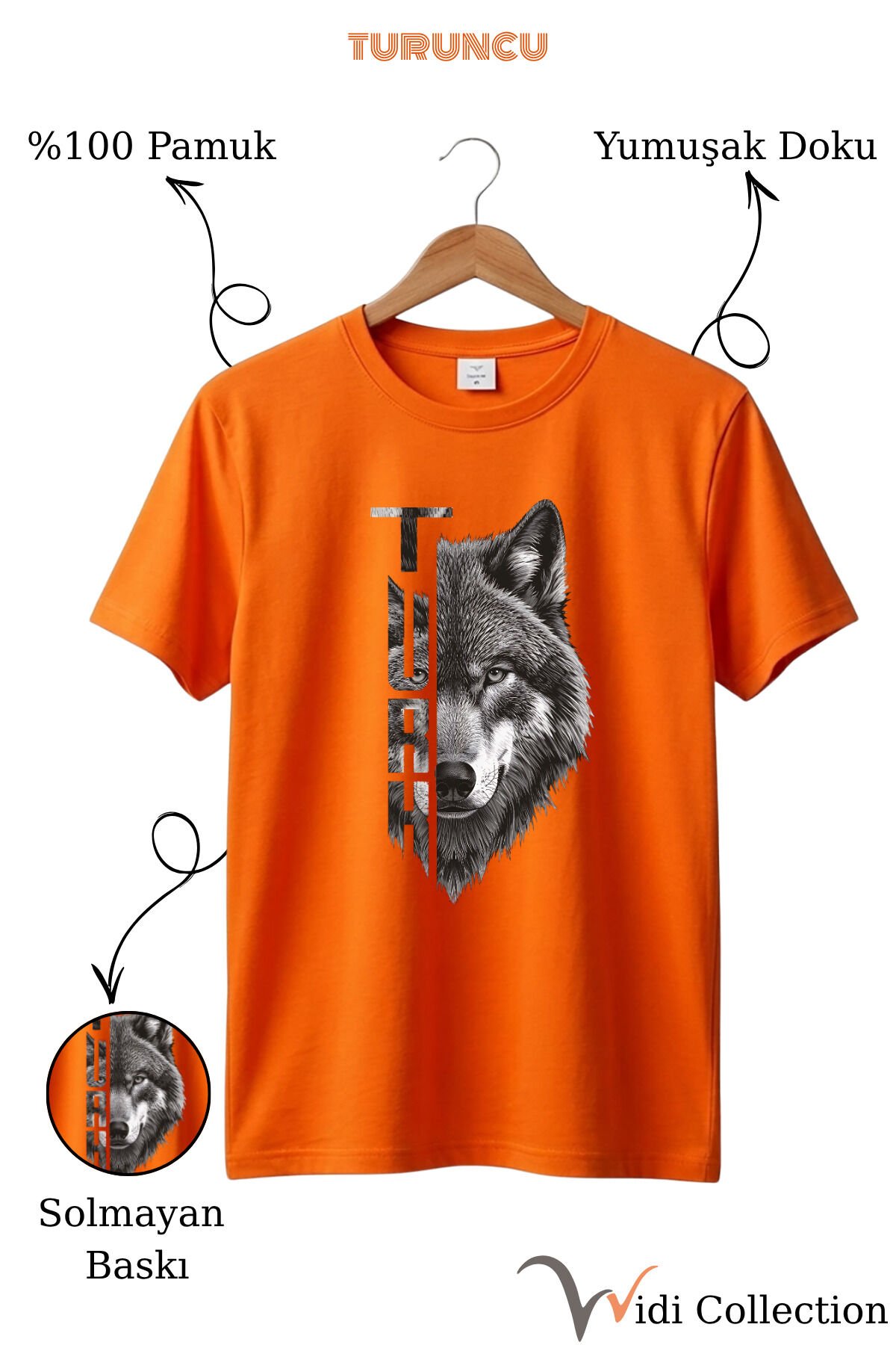 Yarı Kurt Yarısı TÜRK Yazı Tasarım Baskılı %100 Pamuk T-shirt Turuncu - 2XL