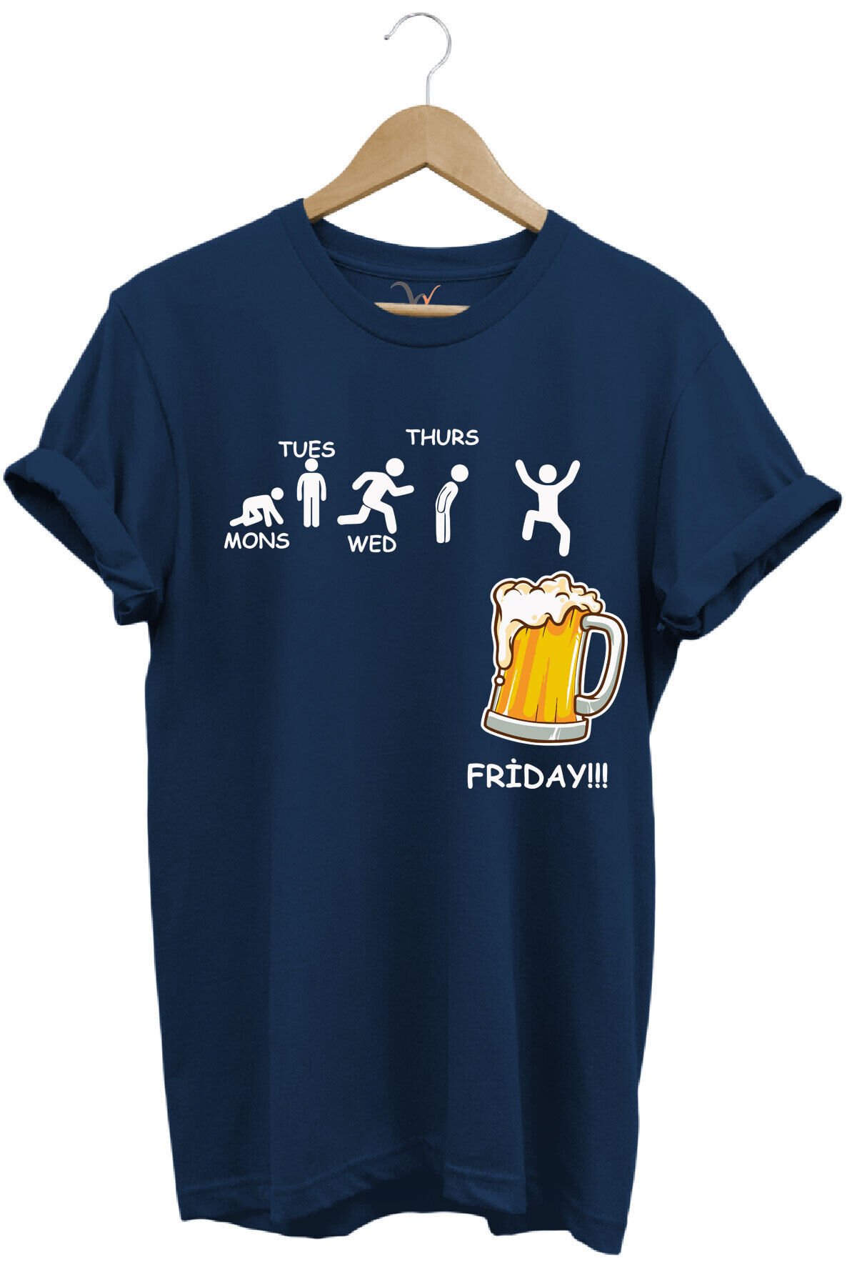 Haftanın Günleri Bira Baskılı Friday Beer %100 Pamuk Regular Fit Bisiklet Yaka T-shirt Lacivert - S