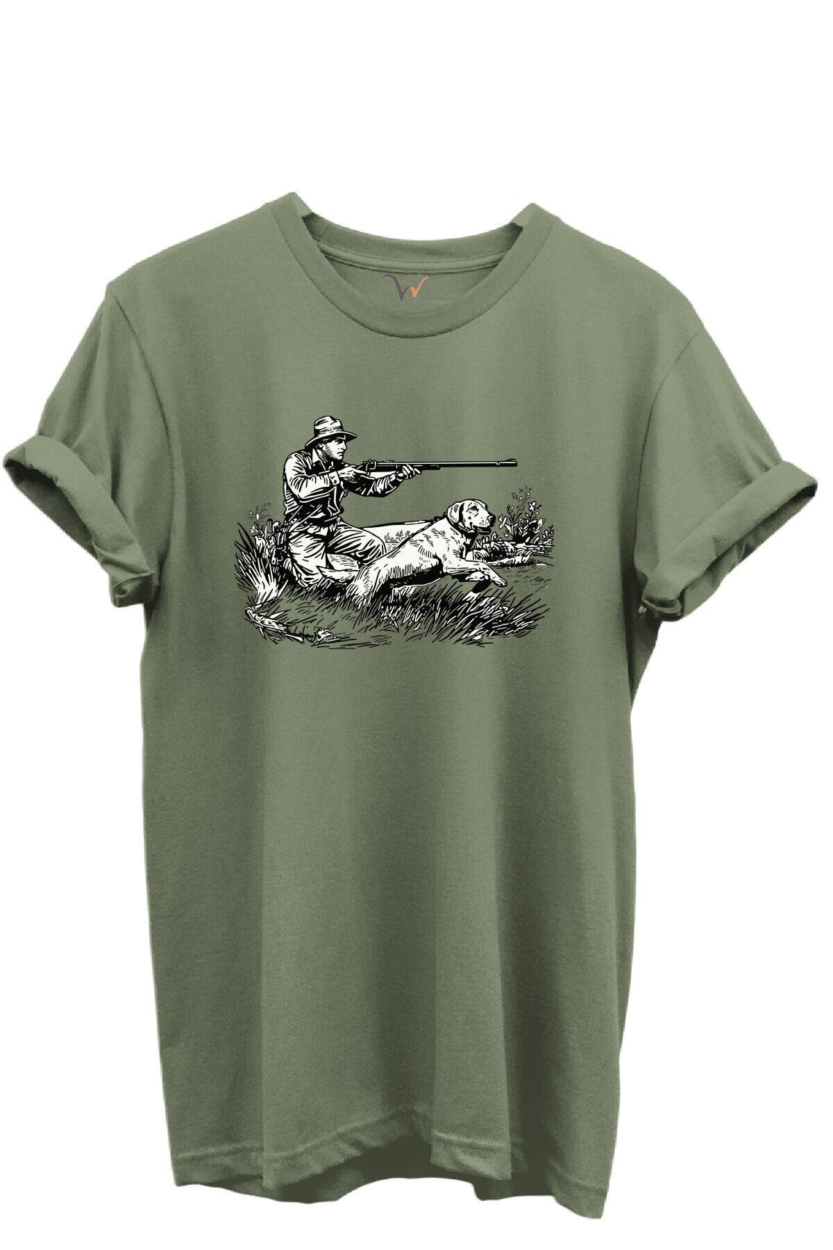 Outdoor Avcılık Avcı ve Köpek Desenli %100 Pamuk Regular Fit Bisiklet Yaka Unisex T-shirt Haki - 2XL
