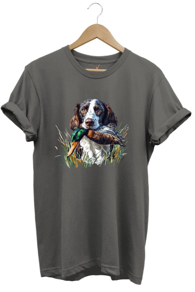 Avcılık Av Köpeği Ve Ördek Baskılı %100 Pamuk Regular Fit Bisiklet Yaka Premium Yeşil T-shirt Gri - 2XL