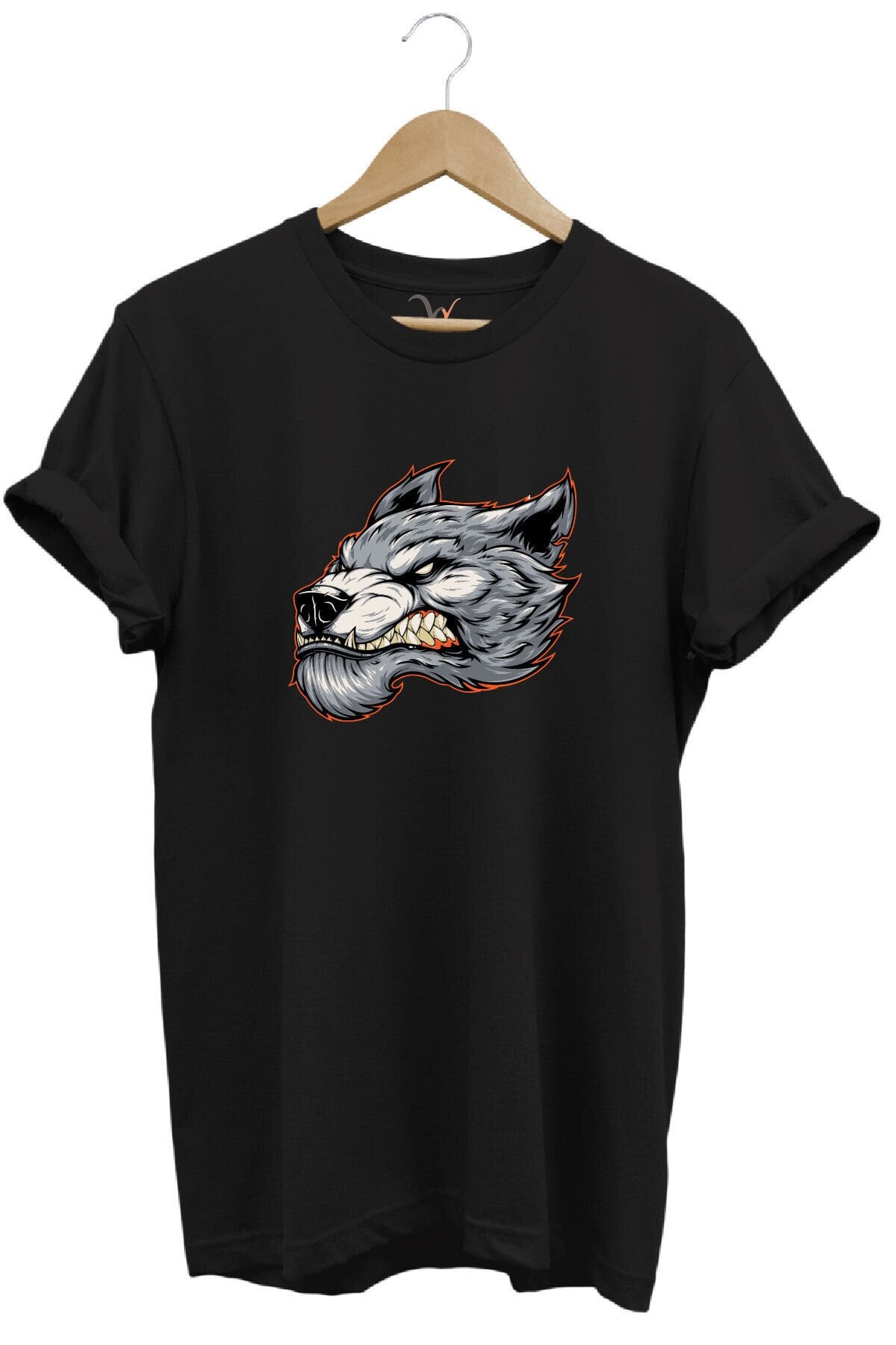 Kızgın Agresif Kurt Tasarım Baskılı %100 Pamuk Regular Fit Bisiklet Yaka Premium Gri T-shirt Siyah - 4XL