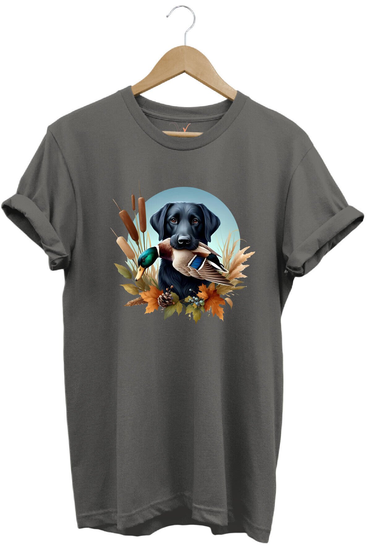 Avcılık Widi Hunting Ördek Avı ve Av Köpeği Baskılı %100 Pamuk Regular Fit Bisiklet Yaka T-Shirt Gri - 2XL