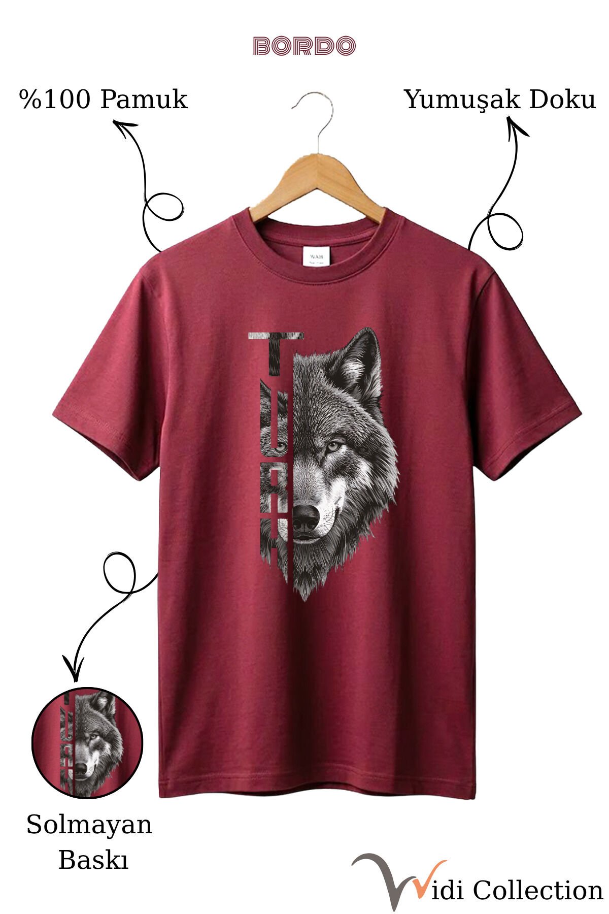 Yarı Kurt Yarısı TÜRK Yazı Tasarım Baskılı %100 Pamuk T-shirt Bordo - M