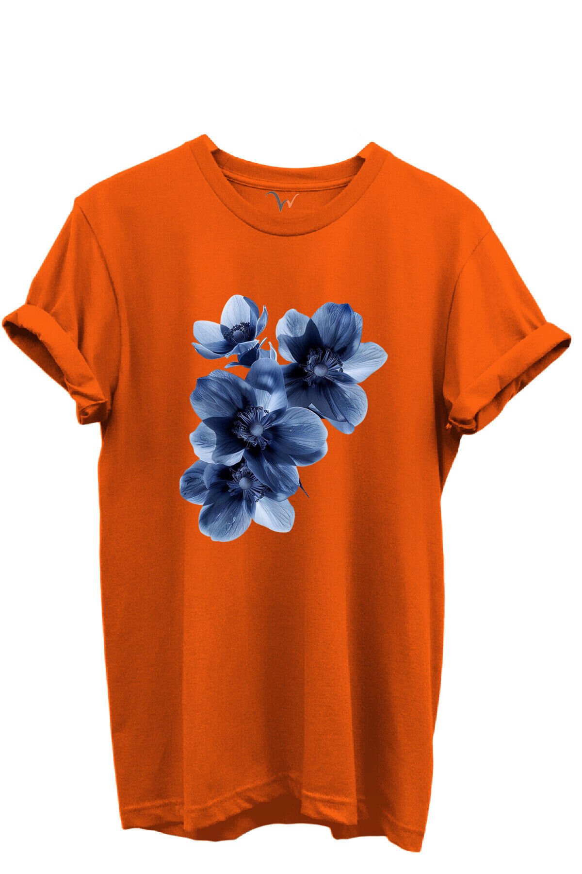 Mavi Çiçek Desenli Kadın %100 Pamuk Regular Fit Bisiklet Yaka T-Shirt Turuncu - L