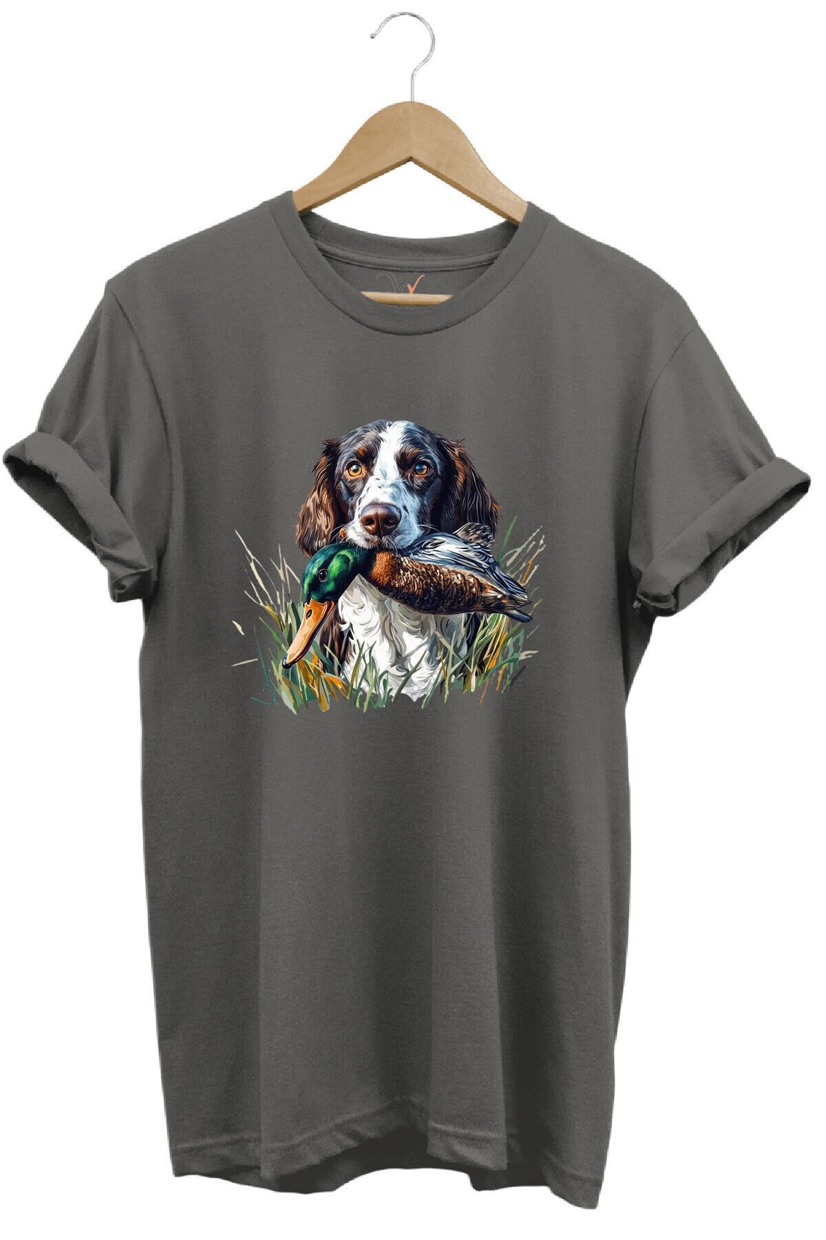 Avcılık Av Köpeği Ve Ördek Baskılı %100 Pamuk Regular Fit Bisiklet Yaka Premium Yeşil T-shirt Gri - XL