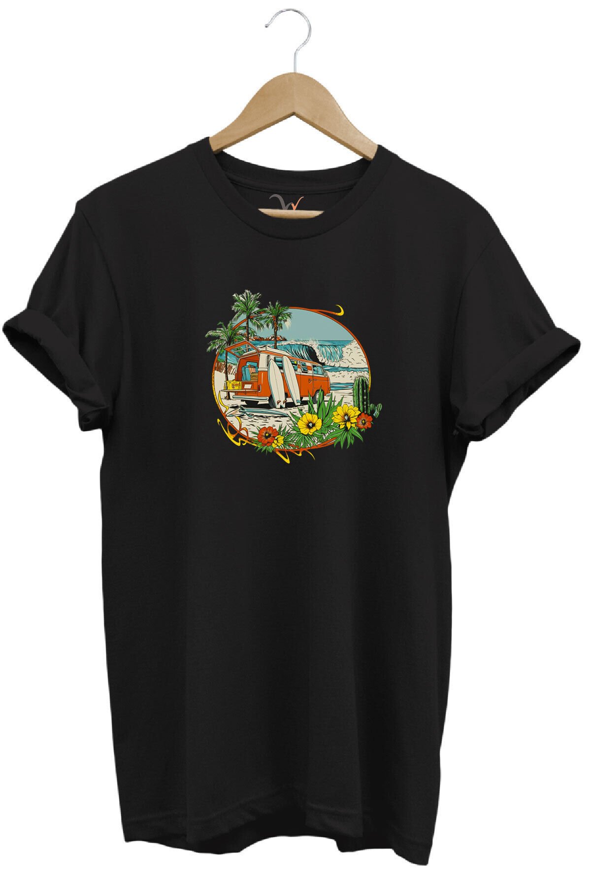 Outdoor Kamp Karavan Sörf Baskılı %100 Pamuk Basic Regular Fit Bisiklet Yaka T-shirt Siyah - 4XL