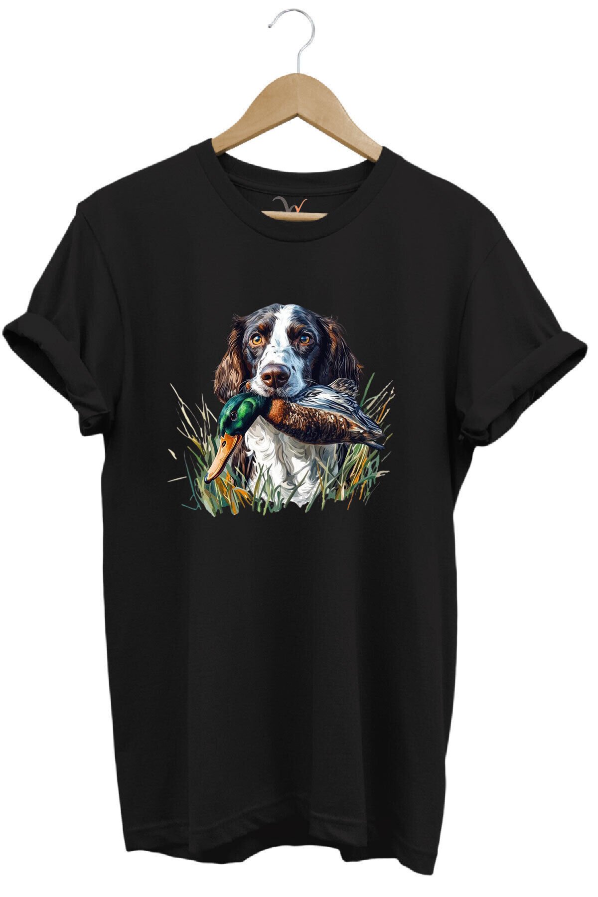 Avcılık Av Köpeği Ve Ördek Baskılı %100 Pamuk Regular Fit Bisiklet Yaka Premium Yeşil T-shirt Siyah - L