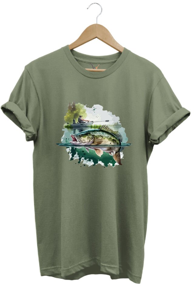 Balıkçılık Levrek Balığı Ve Teknede Olta Ile Balık Tutmak %100 Pamuk Regular Fit Siyah T-shirt Haki - 2XL