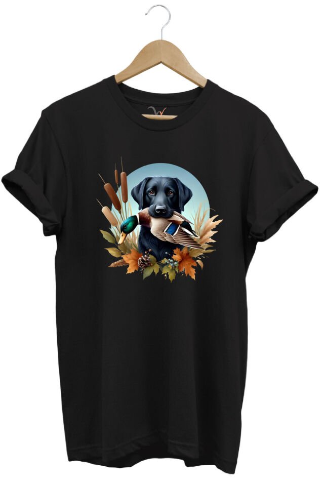Avcılık Widi Hunting Ördek Avı ve Av Köpeği Baskılı %100 Pamuk Regular Fit Bisiklet Yaka T-Shirt Siyah - M