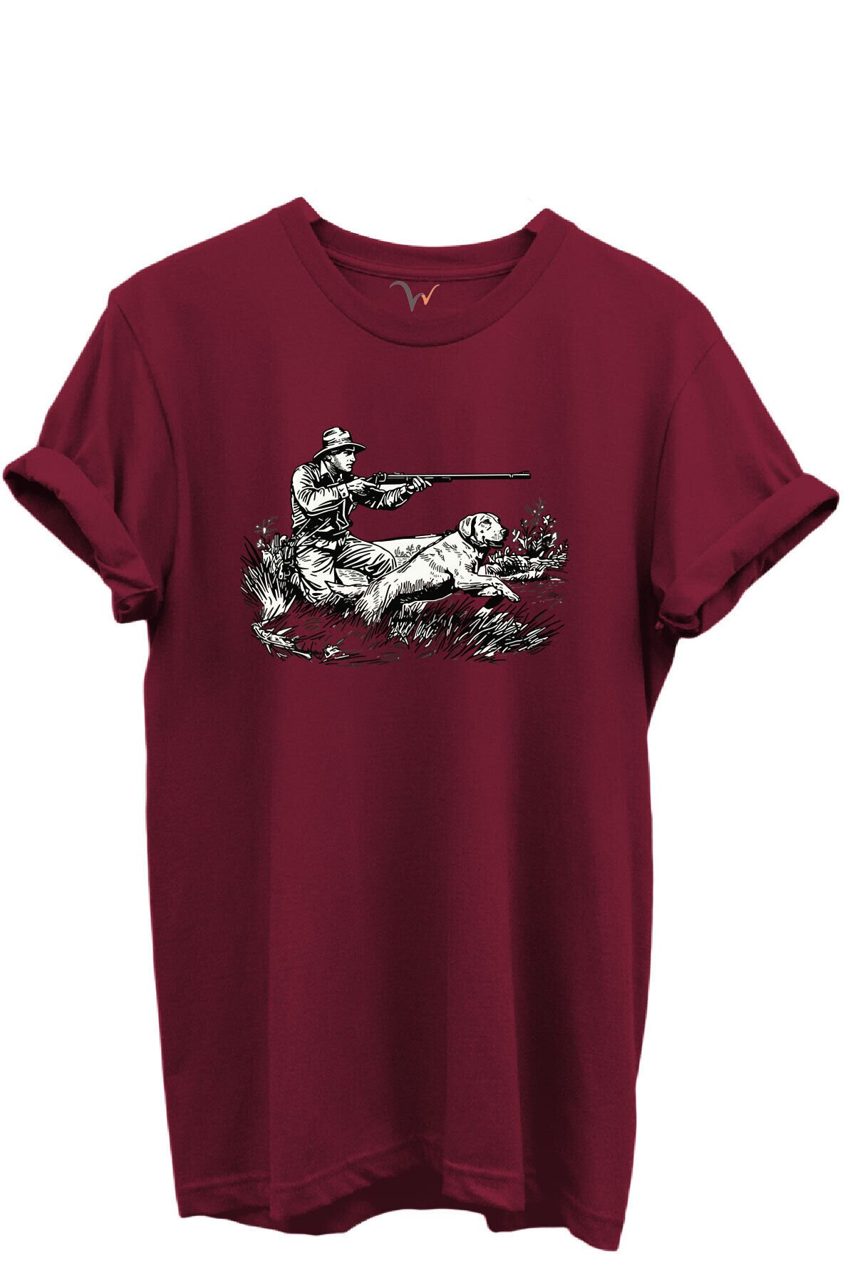 Outdoor Avcılık Avcı ve Köpek Desenli %100 Pamuk Regular Fit Bisiklet Yaka Unisex T-shirt Bordo - 3XL
