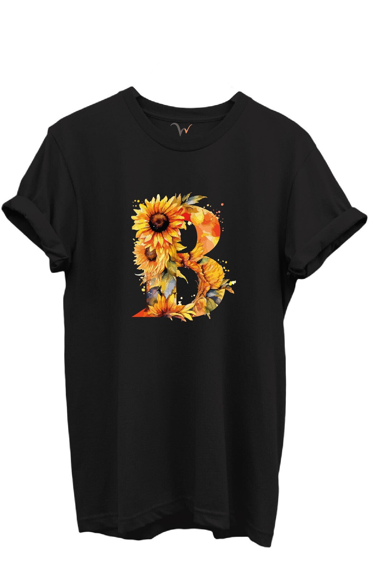 Ayçiçek Desenli “B'' Harfi Baskılı %100 Pamuk Regular Fit Unisex T-Shirt Siyah - 5XL