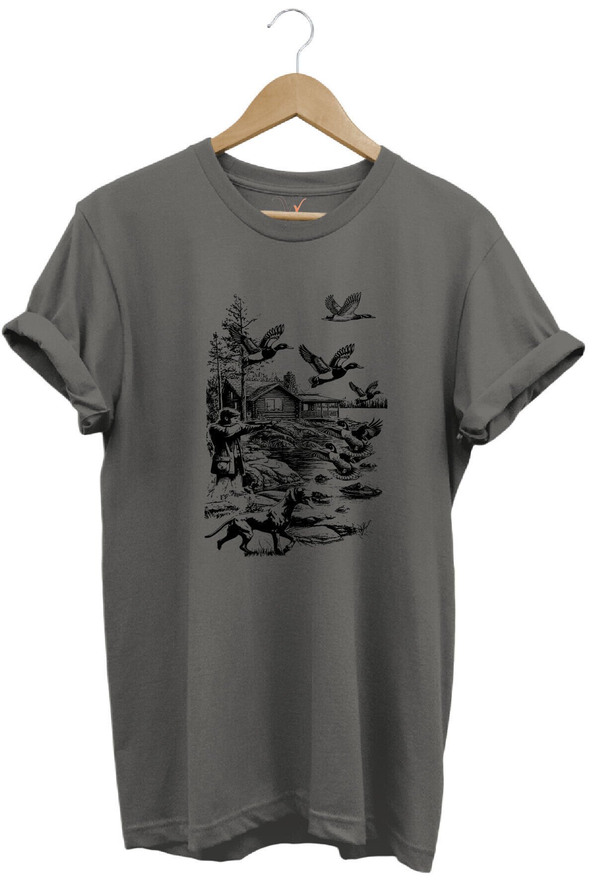 Avcılık Hunting Avcı Köpeği Avcı ve Ördekler Baskılı %100 Pamuk Unisex Regular Fit T-Shirt Gri - 3XL