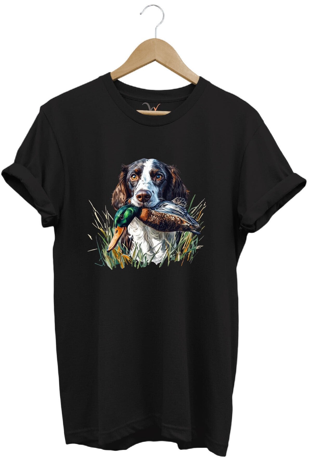 Avcılık Av Köpeği Ve Ördek Baskılı %100 Pamuk Regular Fit Bisiklet Yaka Premium Yeşil T-shirt Siyah - 2XL