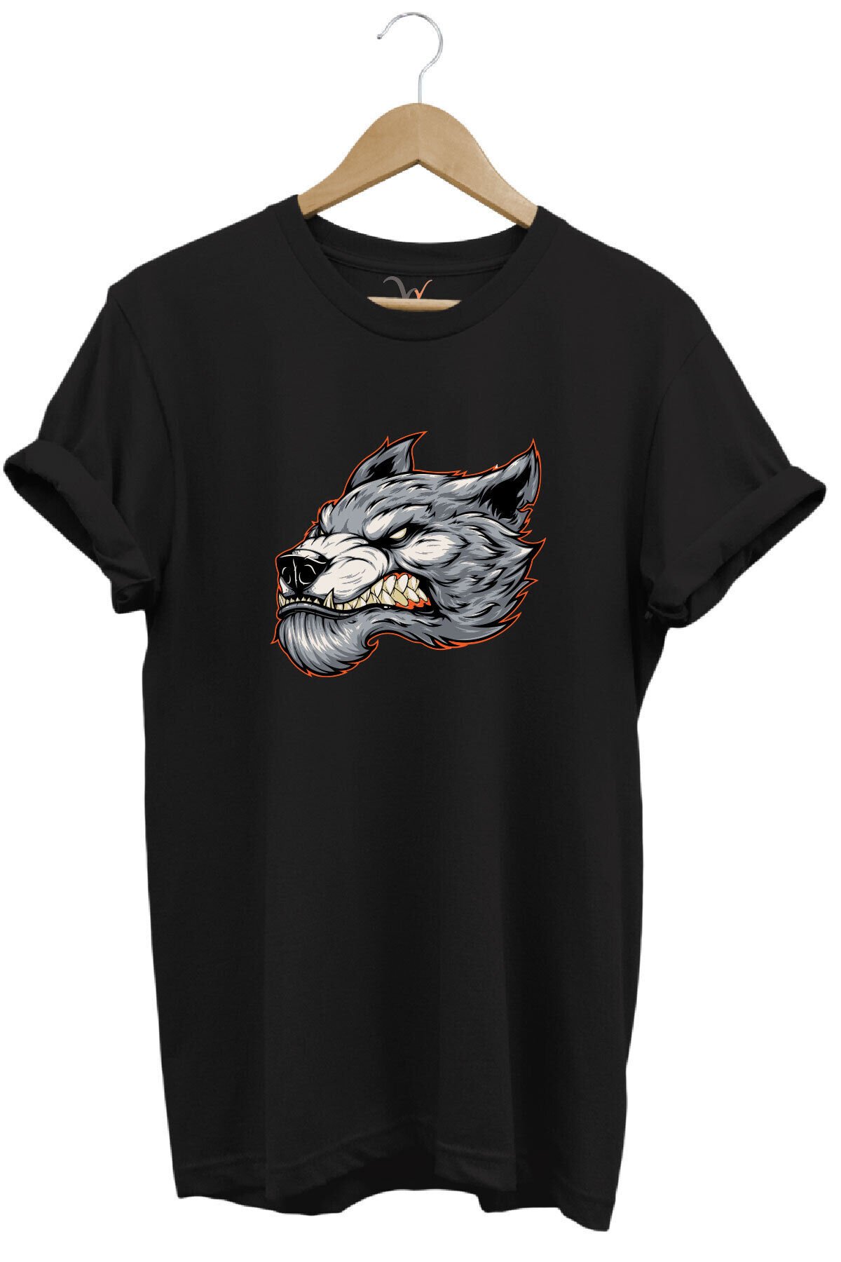 Kızgın Agresif Kurt Tasarım Baskılı %100 Pamuk Regular Fit Bisiklet Yaka Premium Gri T-shirt Siyah - L